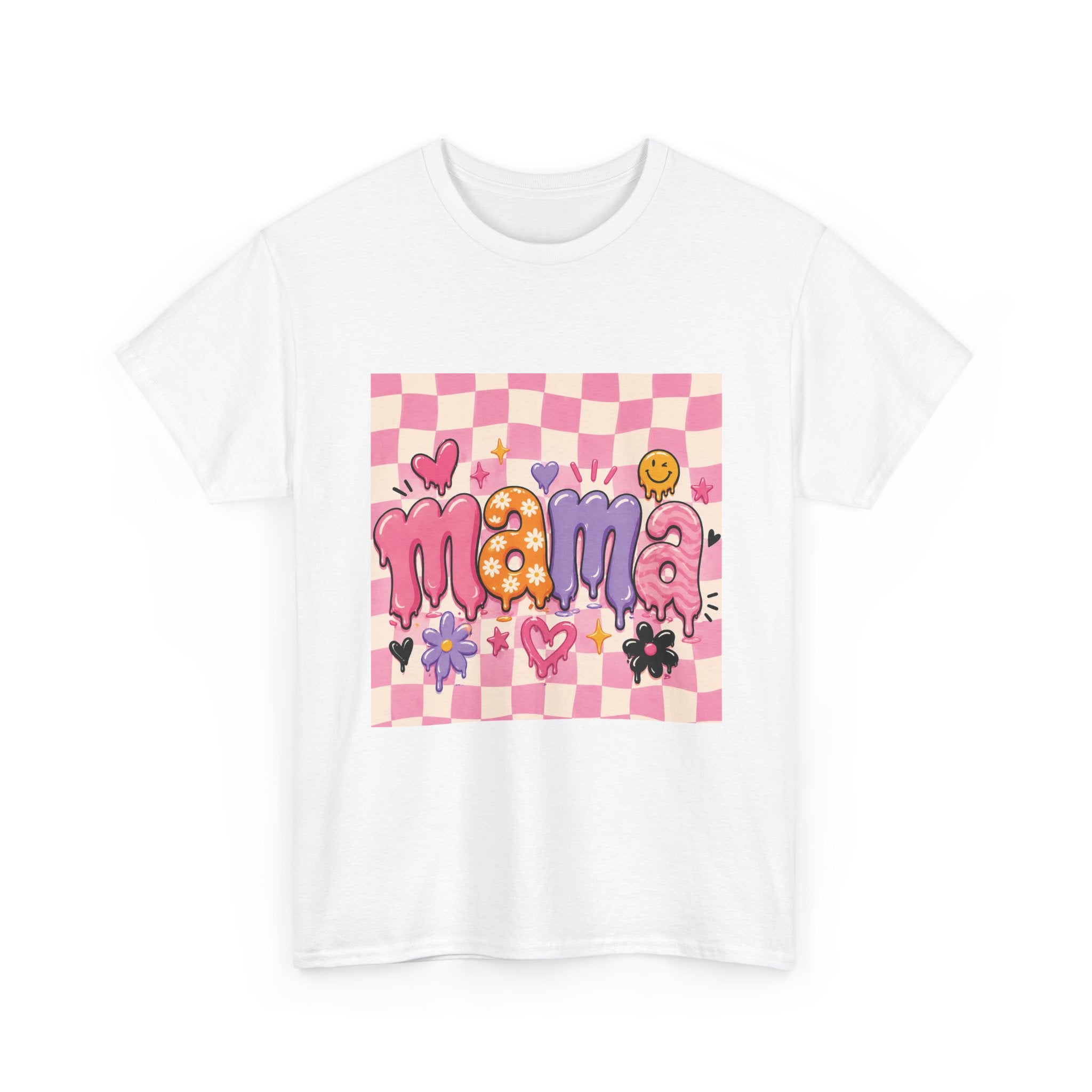 Mama Checkerboard Graphic Tee — Cute Pink Heart & Flower Mother's Day Shirt