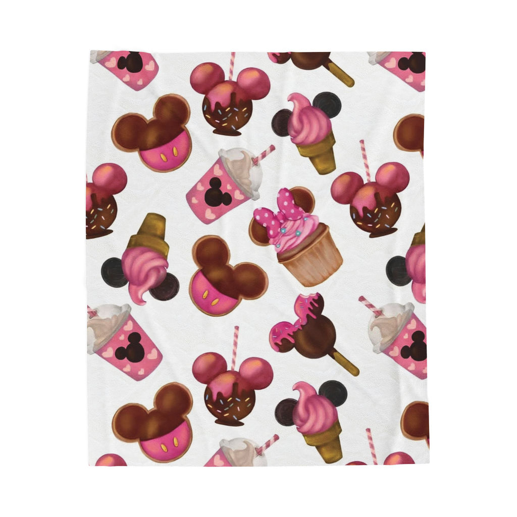 Pink Mickey Treats Velveteen Plush Blanket — Cute Disney Snack Pattern Cozy Throw