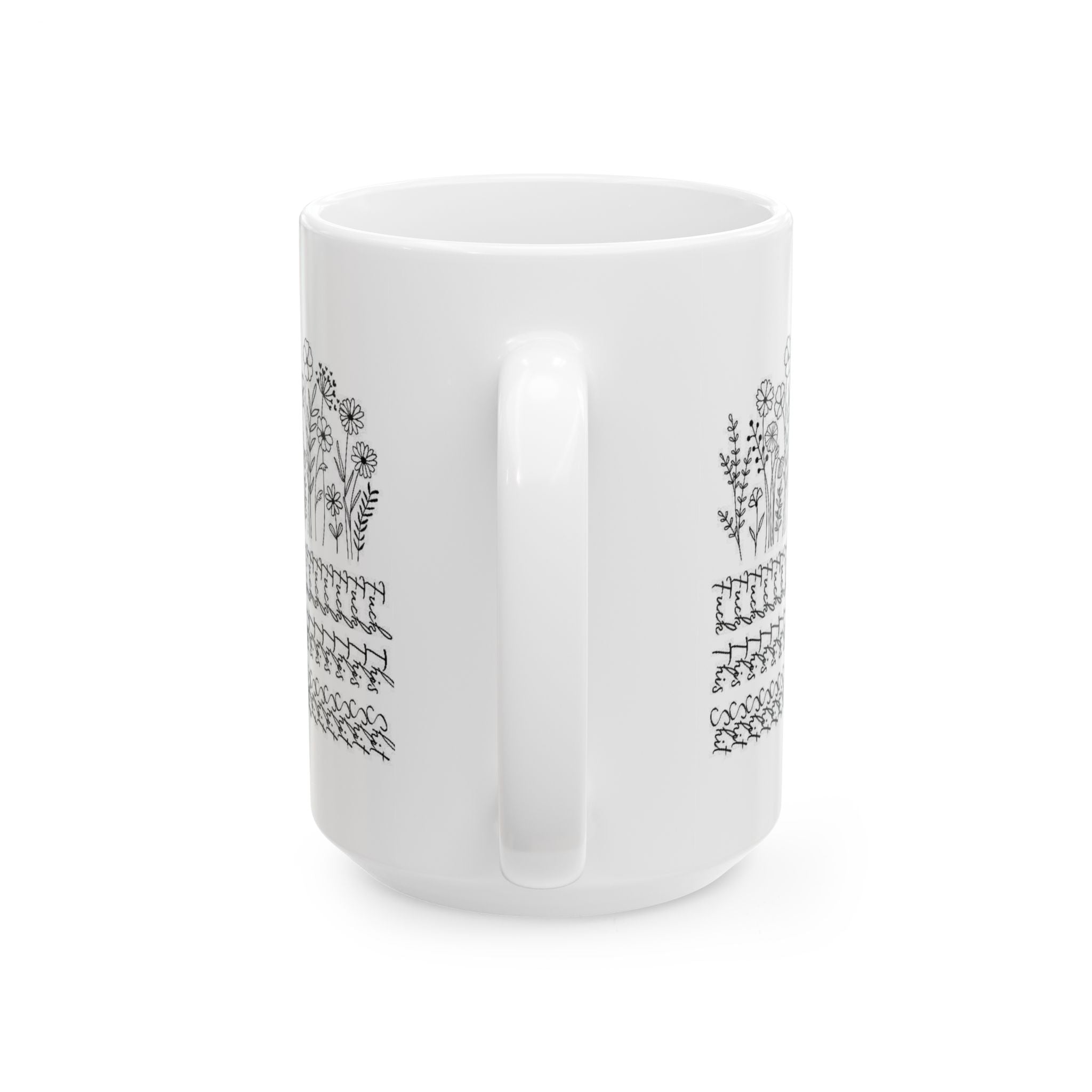 Floral Knit Pattern Ceramic Mug — Black Doodle Wildflower Design (11oz & 15oz)