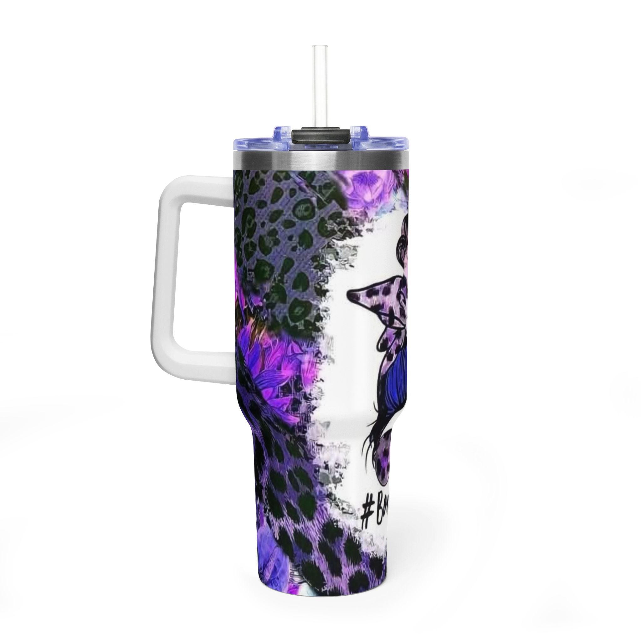 40oz Boss Mom Tumbler — Purple Leopard Floral Thermal Travel Mug