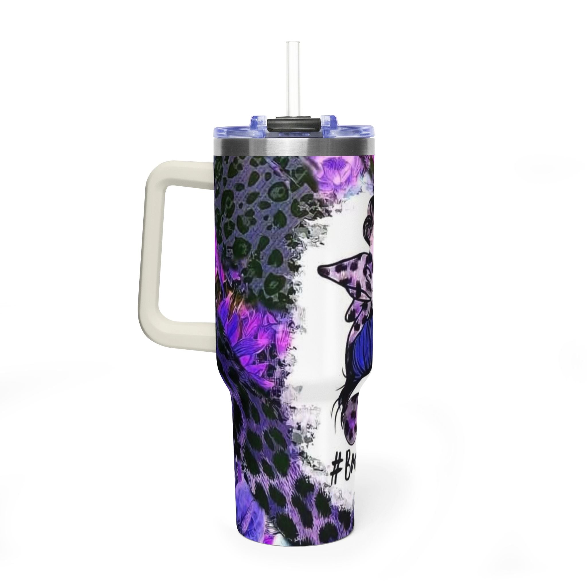 40oz Boss Mom Tumbler — Purple Leopard Floral Thermal Travel Mug