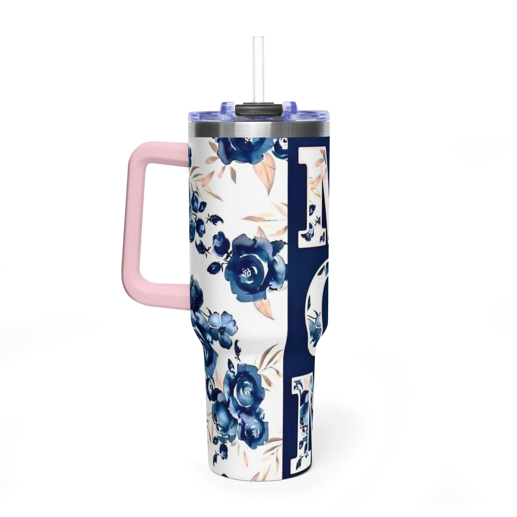 Mom Floral 40oz Vacuum Tumbler – Insulated Travel Mug for Mom, Blue Rose Mother's Day Gift