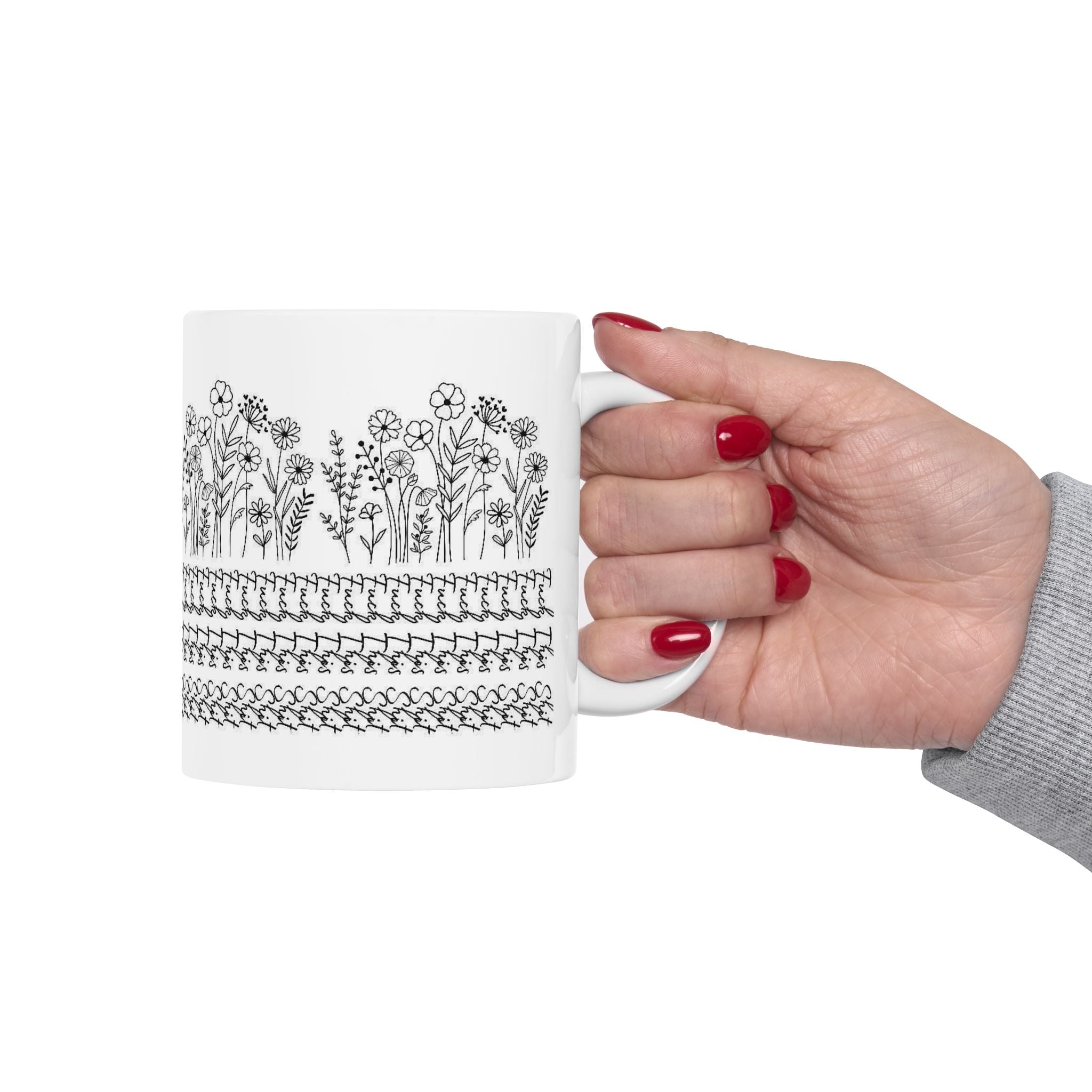 Floral Knit Pattern Ceramic Mug — Black Doodle Wildflower Design (11oz & 15oz)