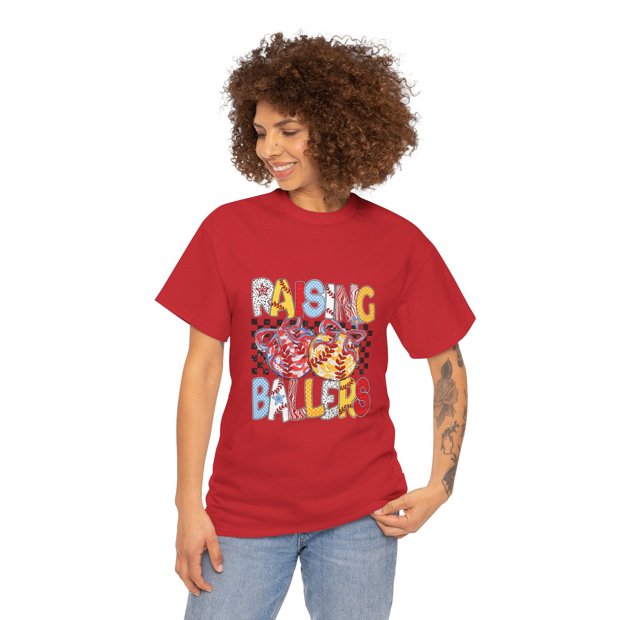 T-Shirt — "Raising Ballers" Kids Sports Tee with Retro Checkered Basketball Design