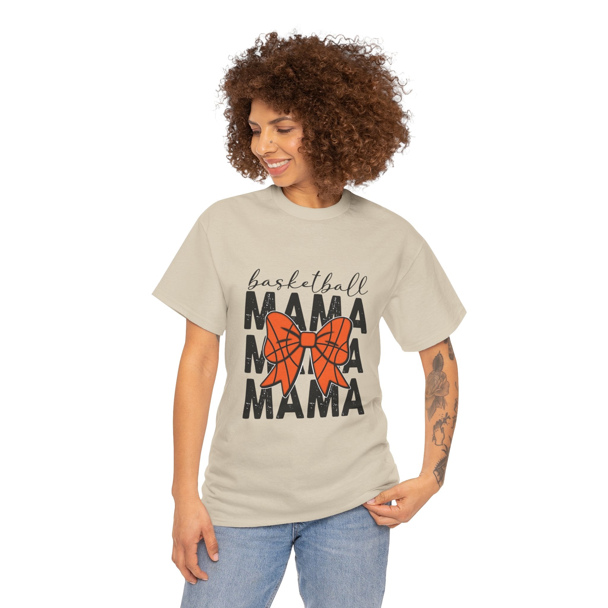 Basketball Mama T-Shirt — 'Basketball' Script with Orange Bow Design