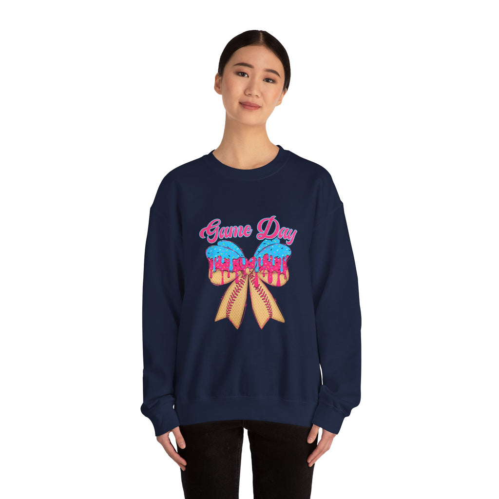 Game Day Cheerleader Sweatshirt — Pink & Blue Donut Bow Crewneck