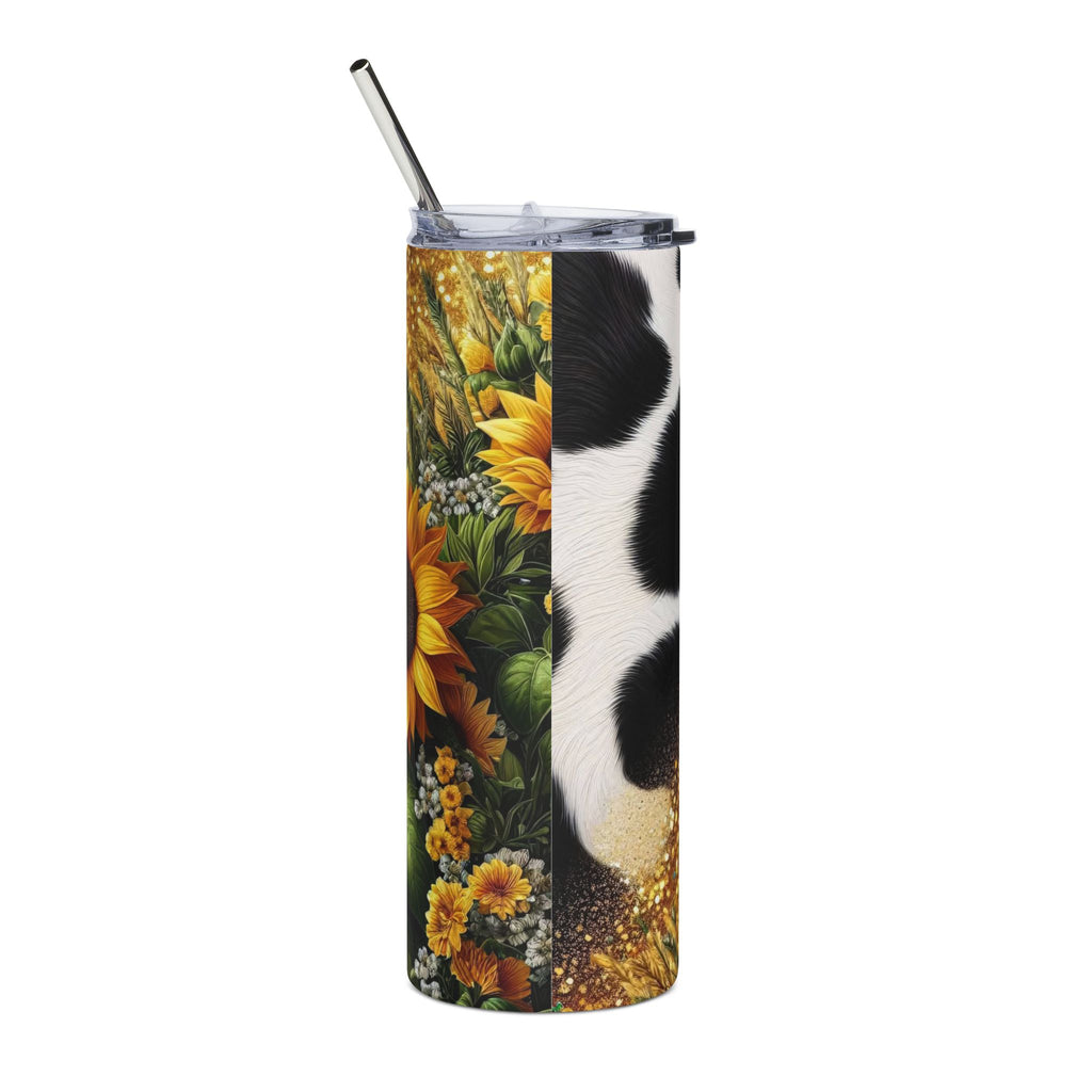 Sunflower Cow Print 20oz Stainless Steel Tumbler – Floral Farmhouse Insulated Cup