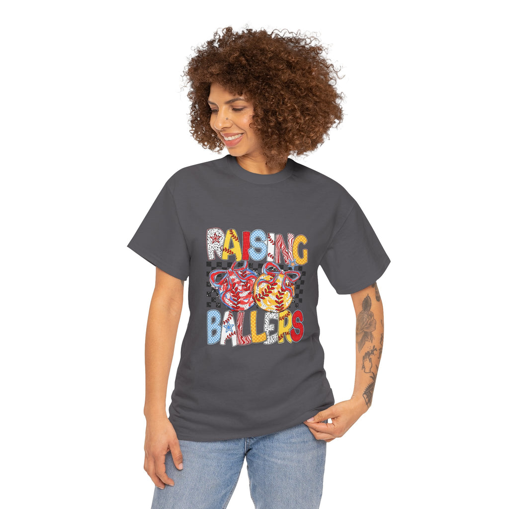 T-Shirt — "Raising Ballers" Kids Sports Tee with Retro Checkered Basketball Design
