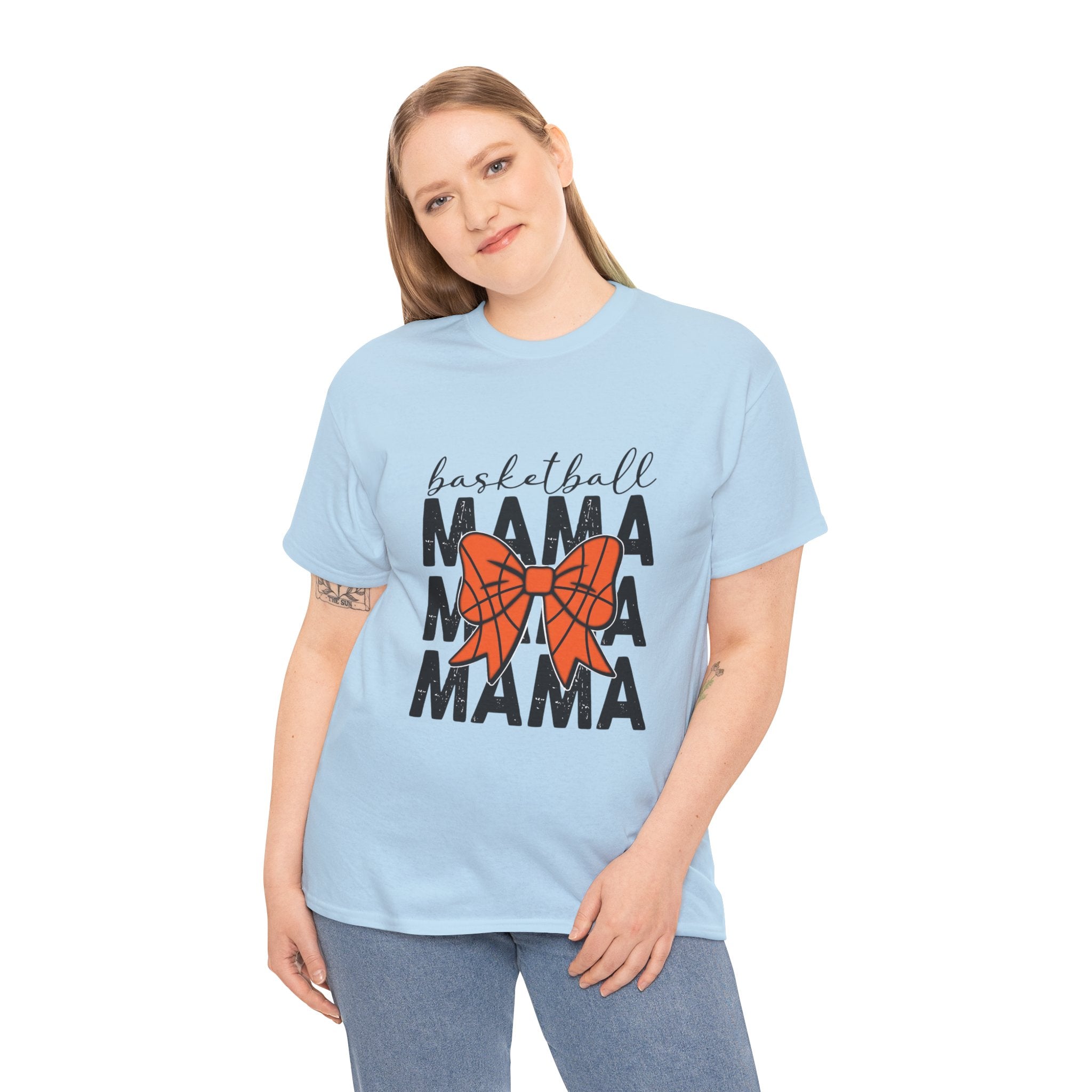 Basketball Mama T-Shirt — 'Basketball' Script with Orange Bow Design