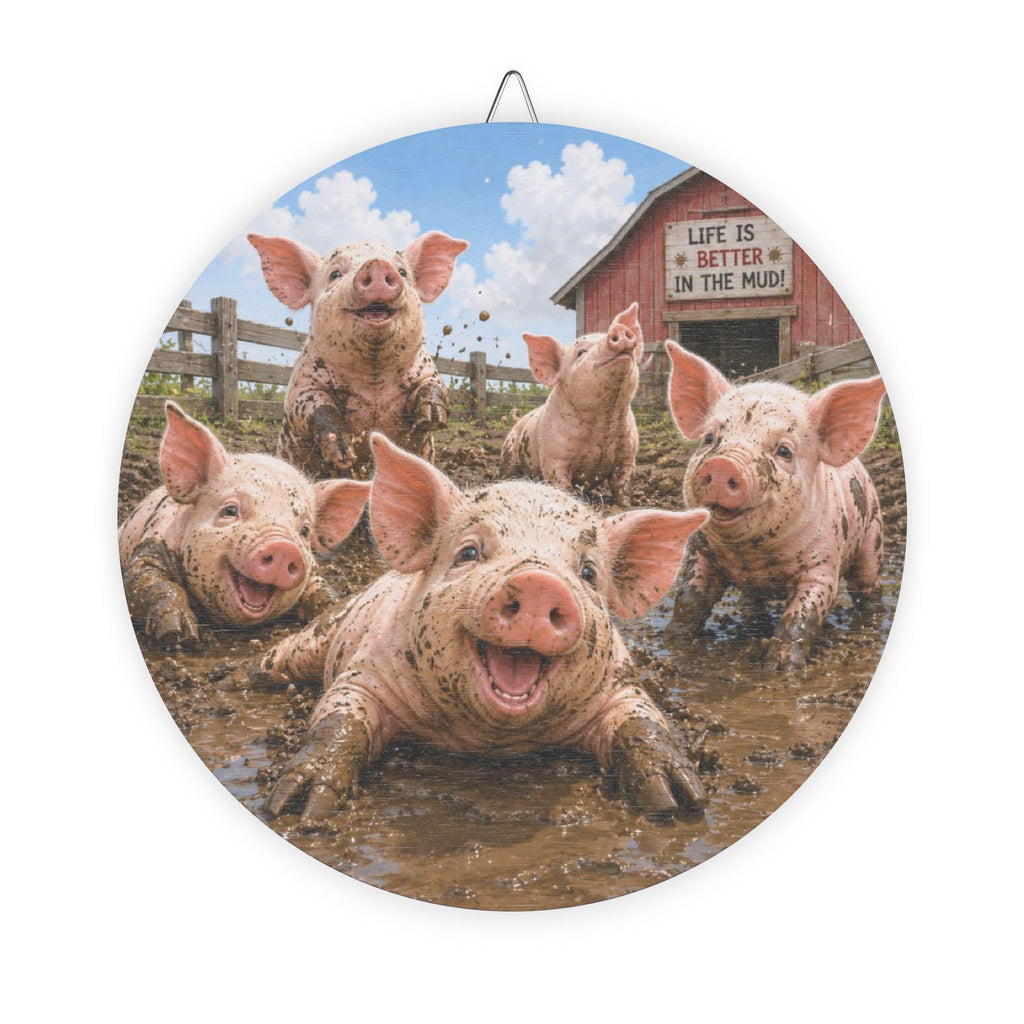 Round Farmhouse Wood Sign — Happy Pigs 'Life Is Better in the Mud' Rustic Décor