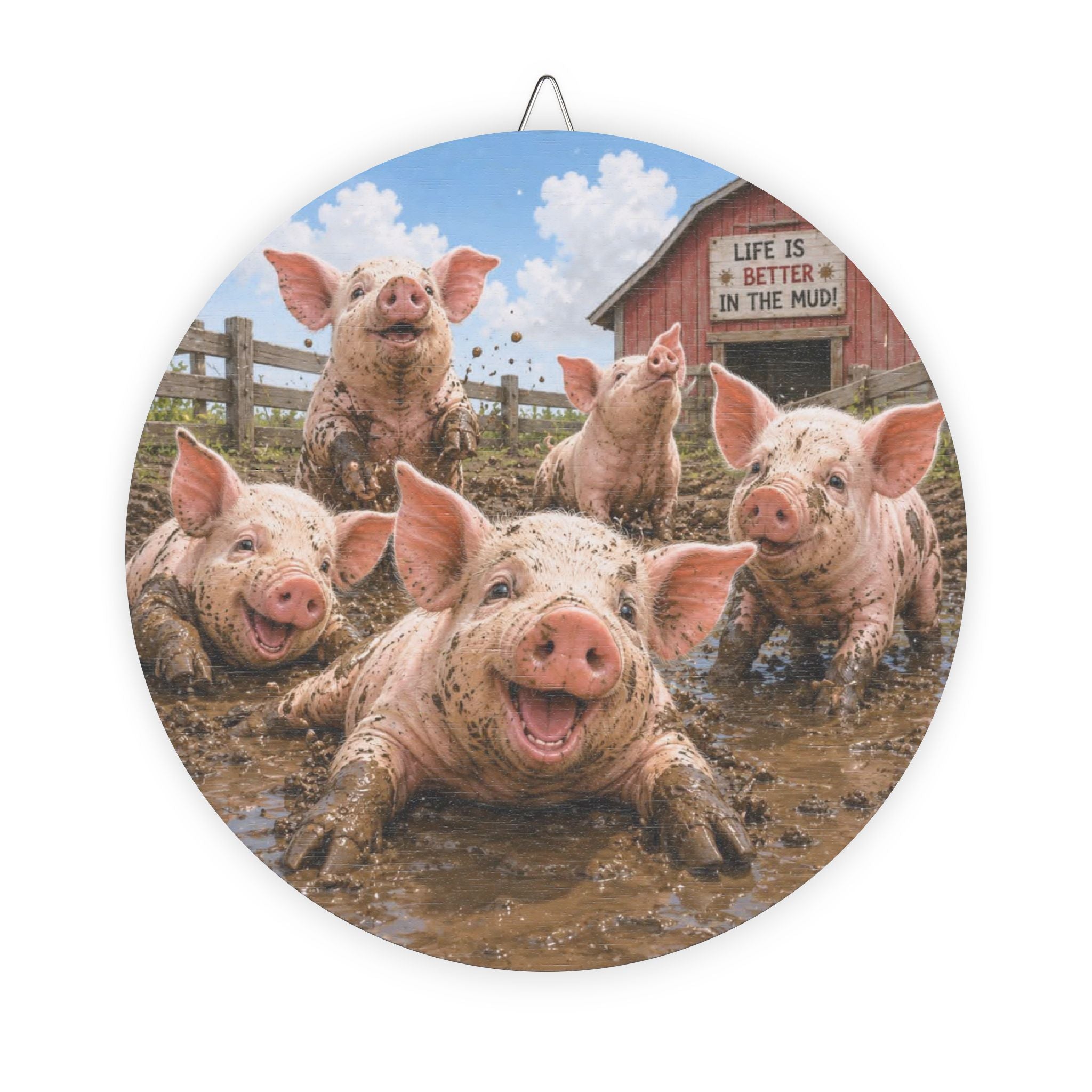 Round Farmhouse Wood Sign — Happy Pigs 'Life Is Better in the Mud' Rustic Décor