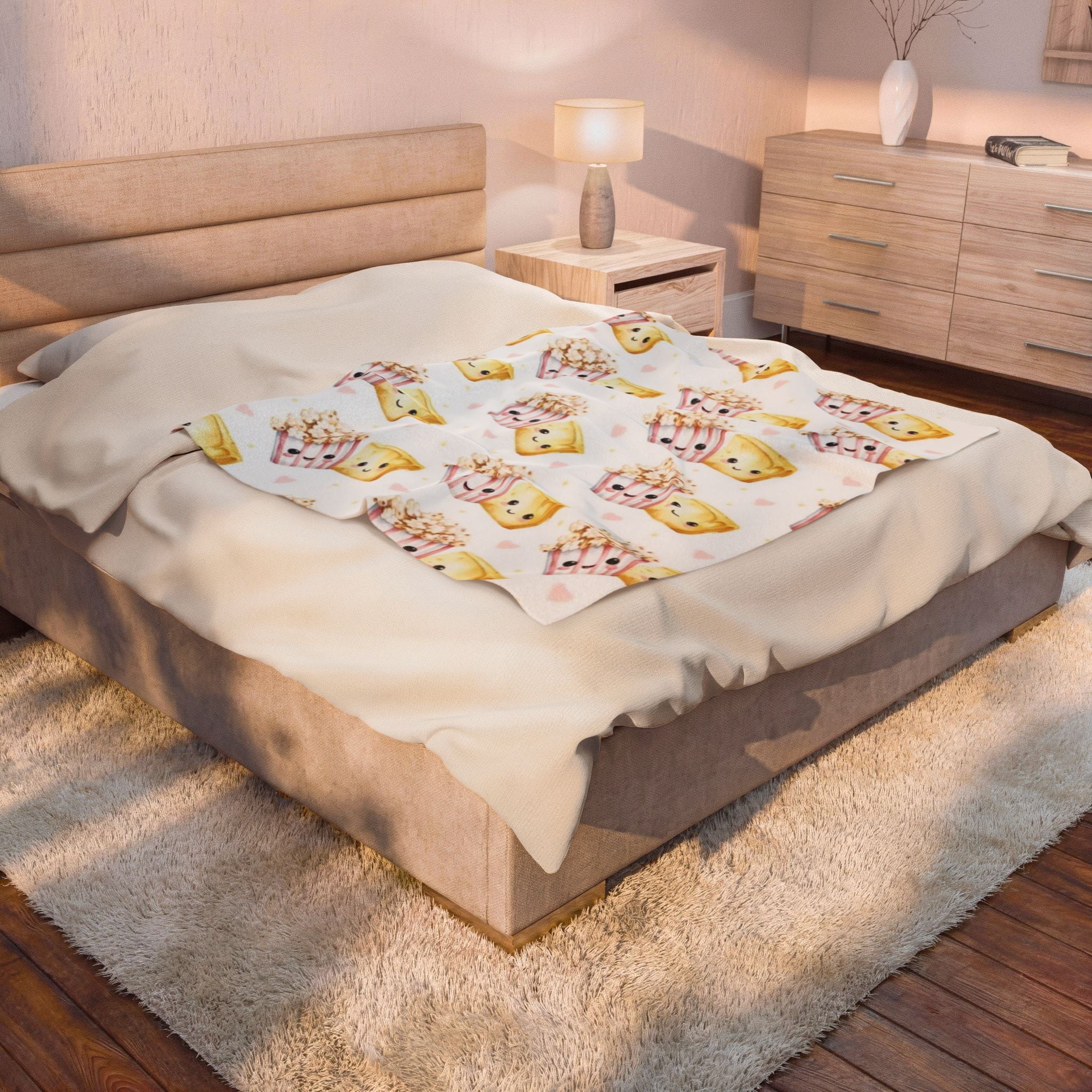 Cute Kawaii Popcorn & Cupcake Velveteen Plush Blanket