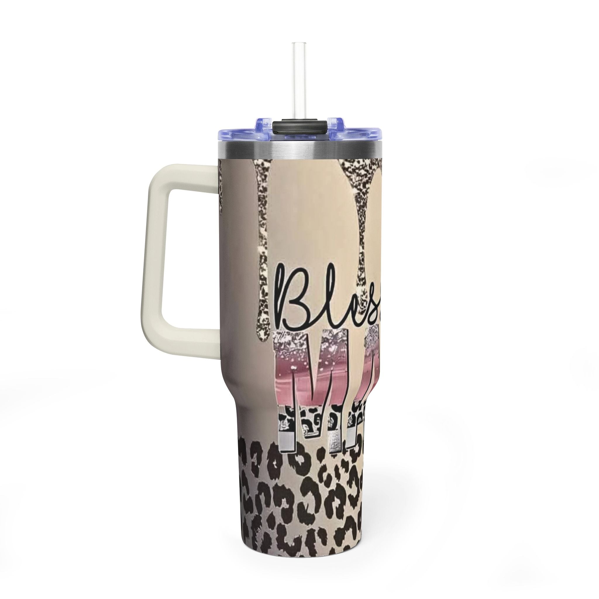 Blessed Leopard 40oz Vacuum Tumbler — Insulated Travel Cup with Glitter Drip Design