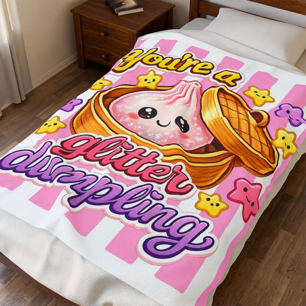Glitter Dumpling Velveteen Plush Blanket — Cute Kawaii Food Throw for Kids & Fans