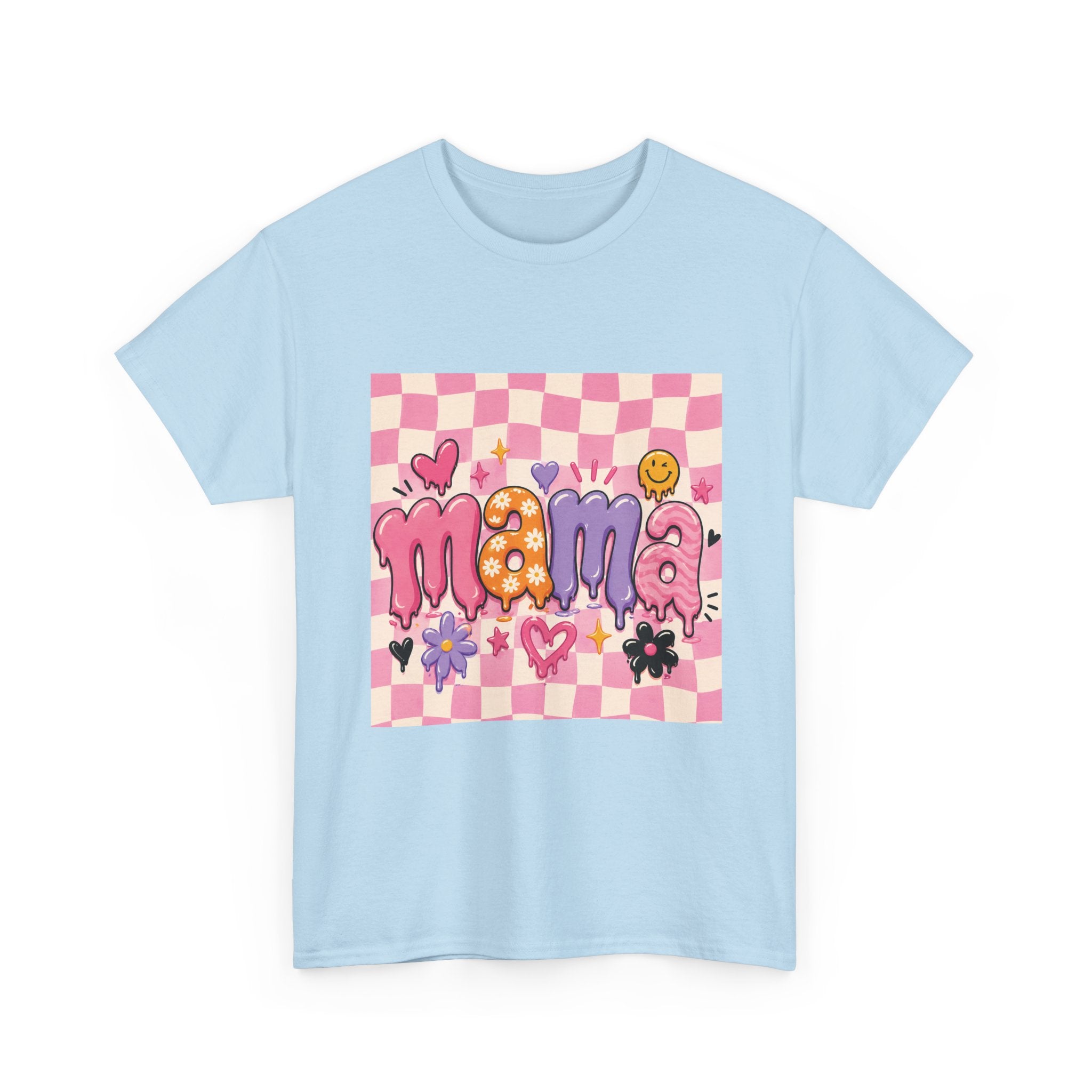 Mama Checkerboard Graphic Tee — Cute Pink Heart & Flower Mother's Day Shirt