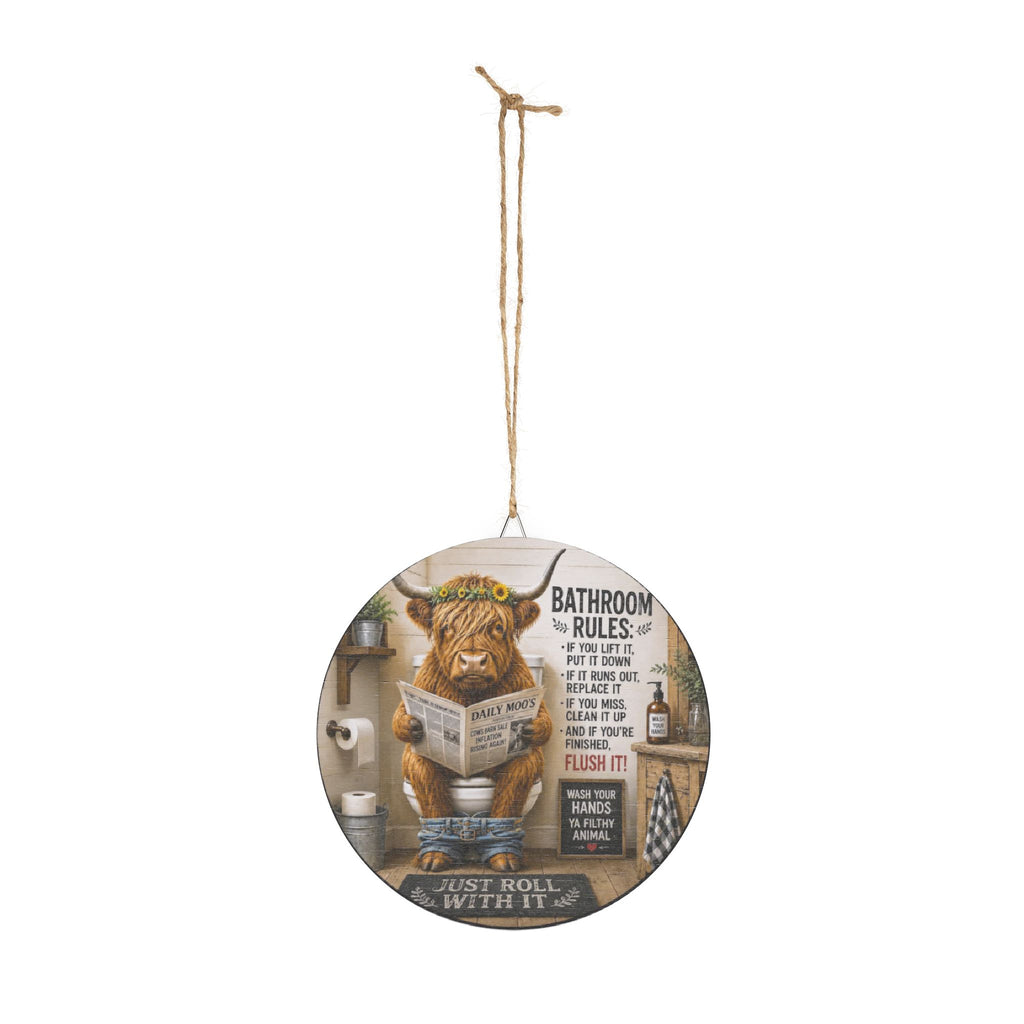 Funny Highland Cow Bathroom Wood Sign – Rustic Round Toilet Rules Decor