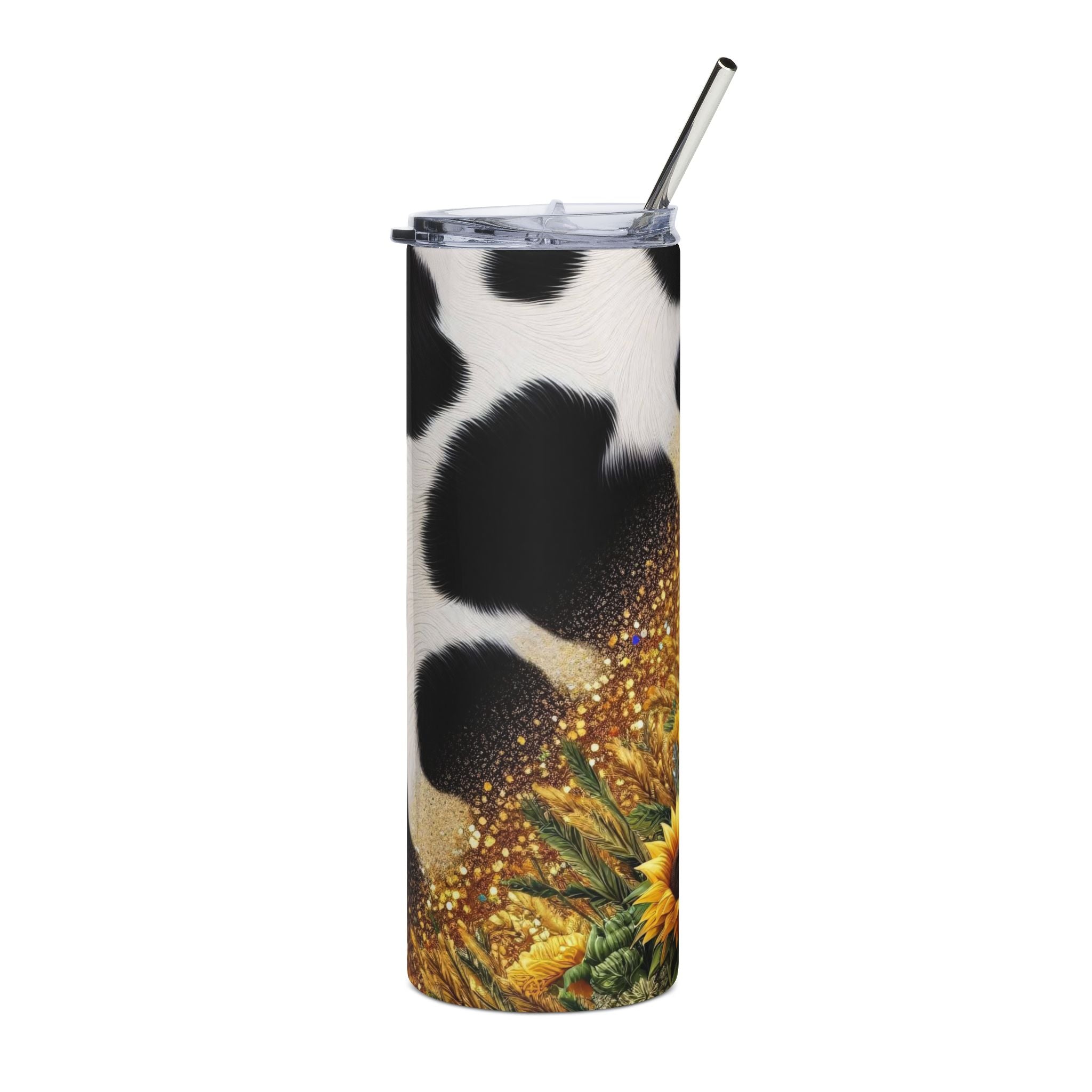 Sunflower Cow Print 20oz Stainless Steel Tumbler – Floral Farmhouse Insulated Cup