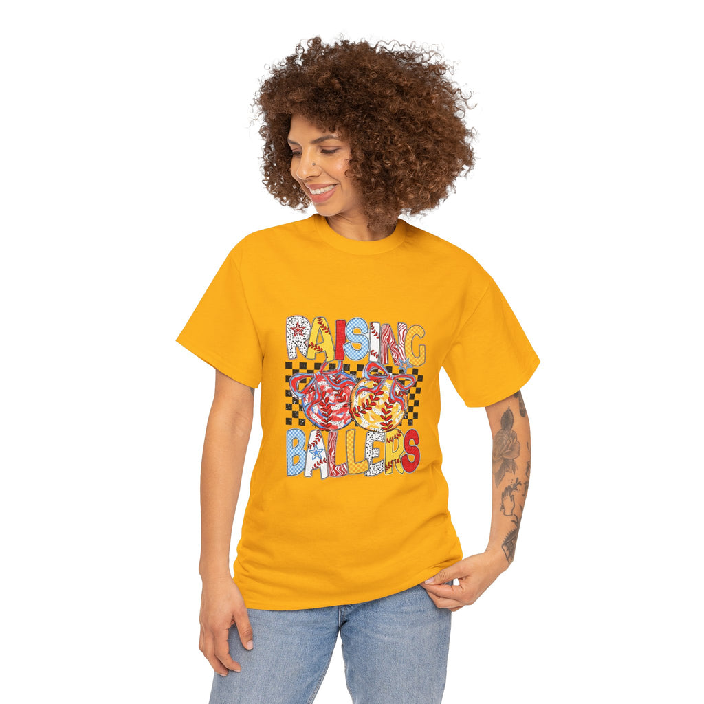 T-Shirt — "Raising Ballers" Kids Sports Tee with Retro Checkered Basketball Design