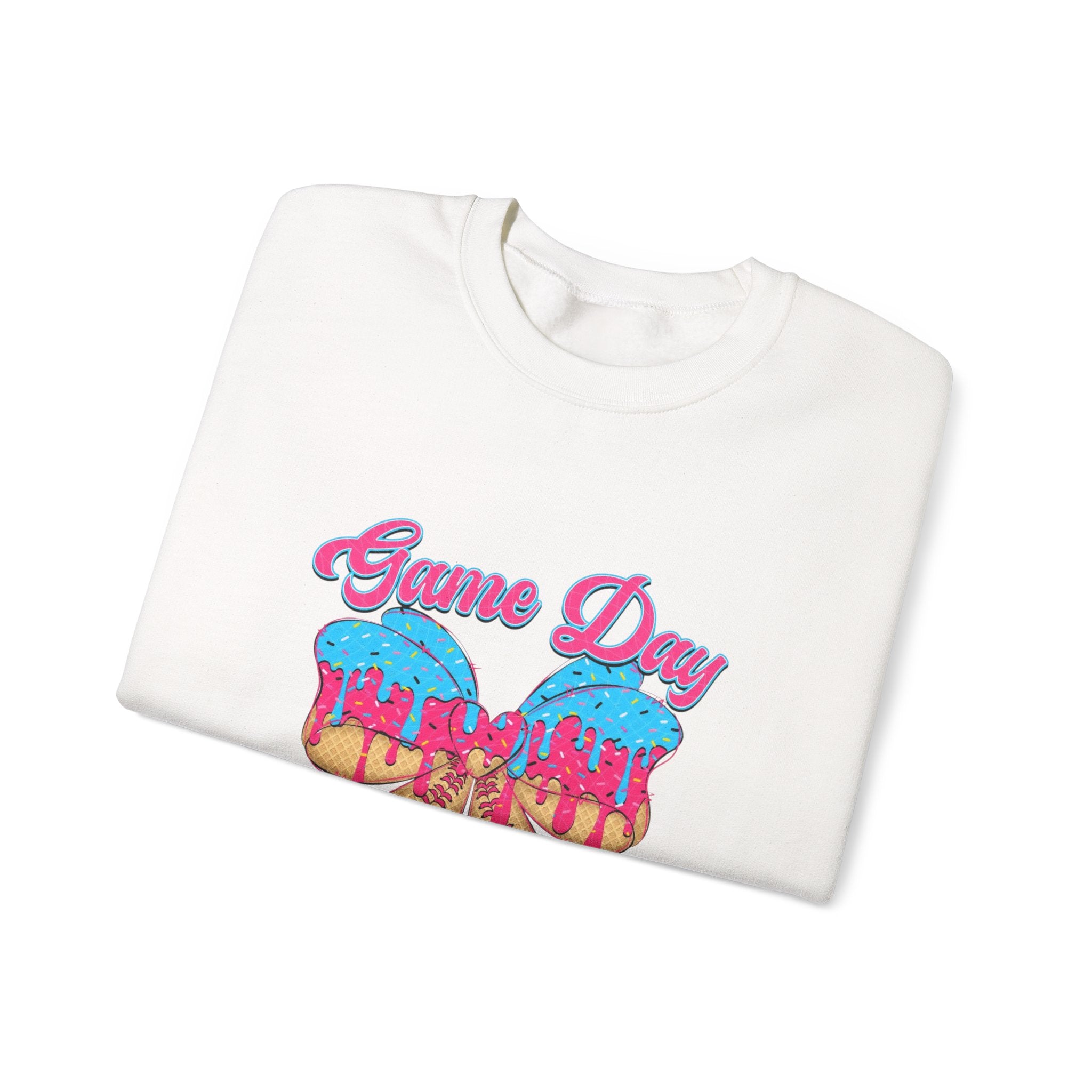 Game Day Cheerleader Sweatshirt — Pink & Blue Donut Bow Crewneck