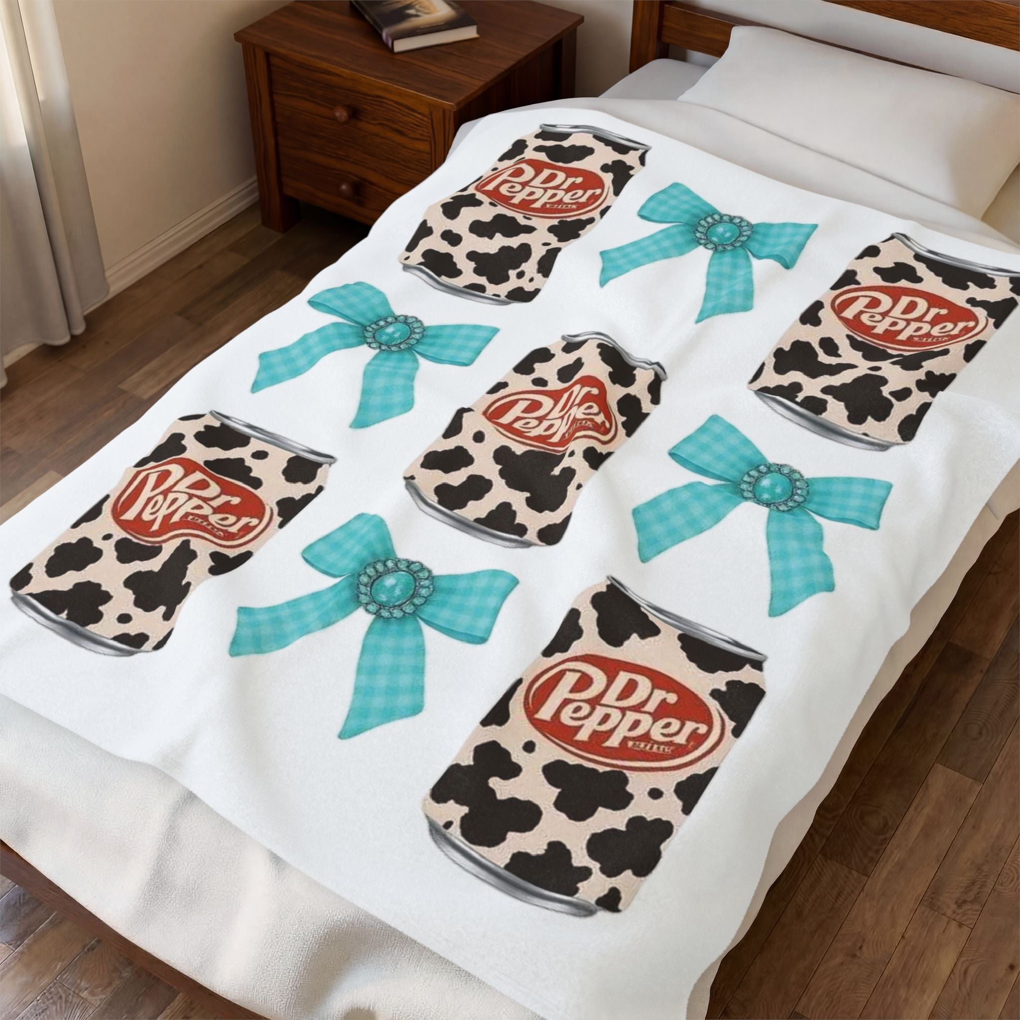 Dr Pepper Cow Print & Turquoise Bow Velveteen Plush Blanket