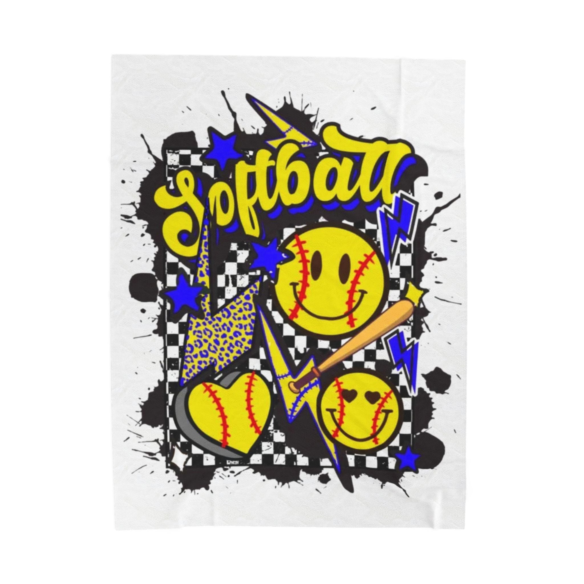 Softball Velveteen Plush Blanket – Smiley Ball Retro Graphic