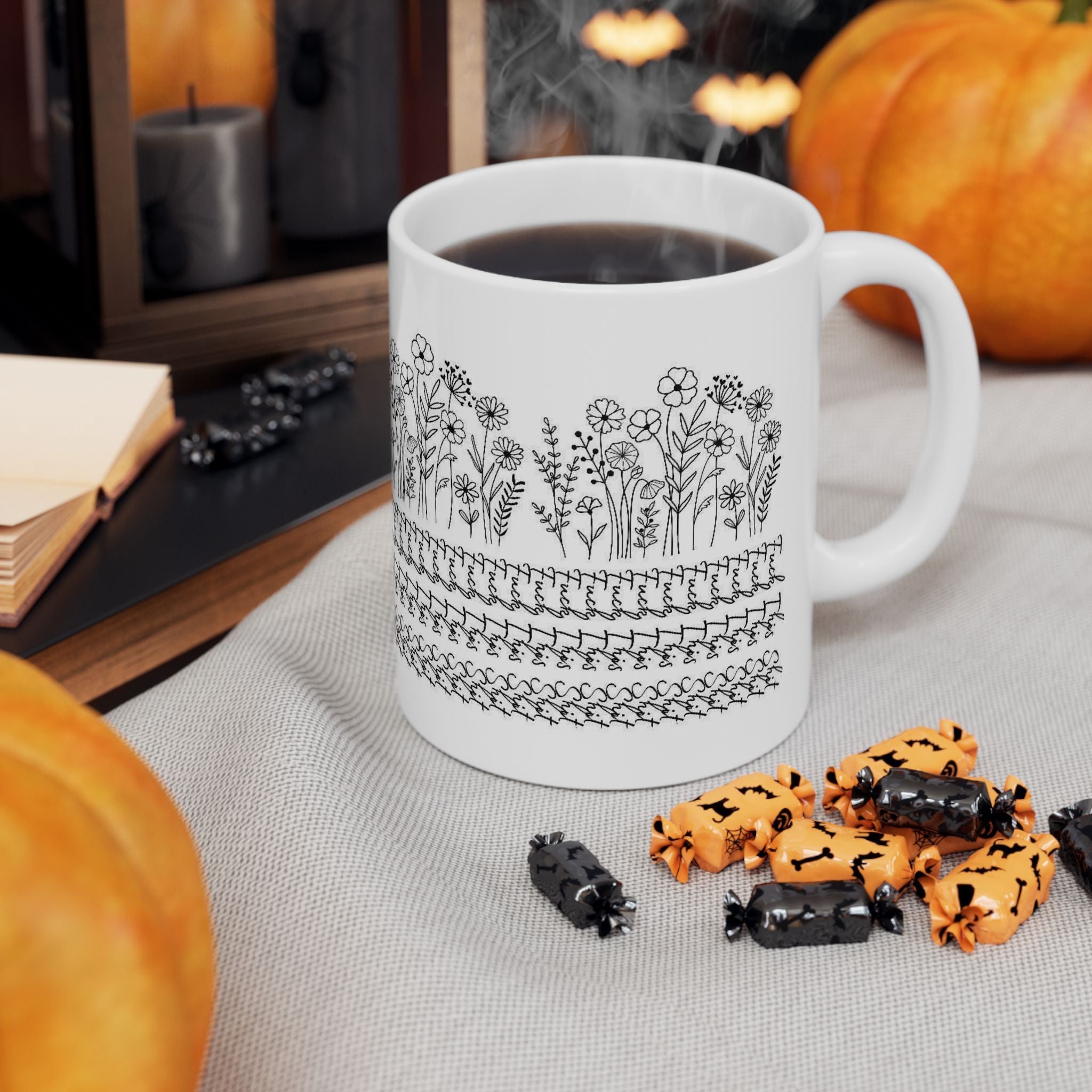 Floral Knit Pattern Ceramic Mug — Black Doodle Wildflower Design (11oz & 15oz)