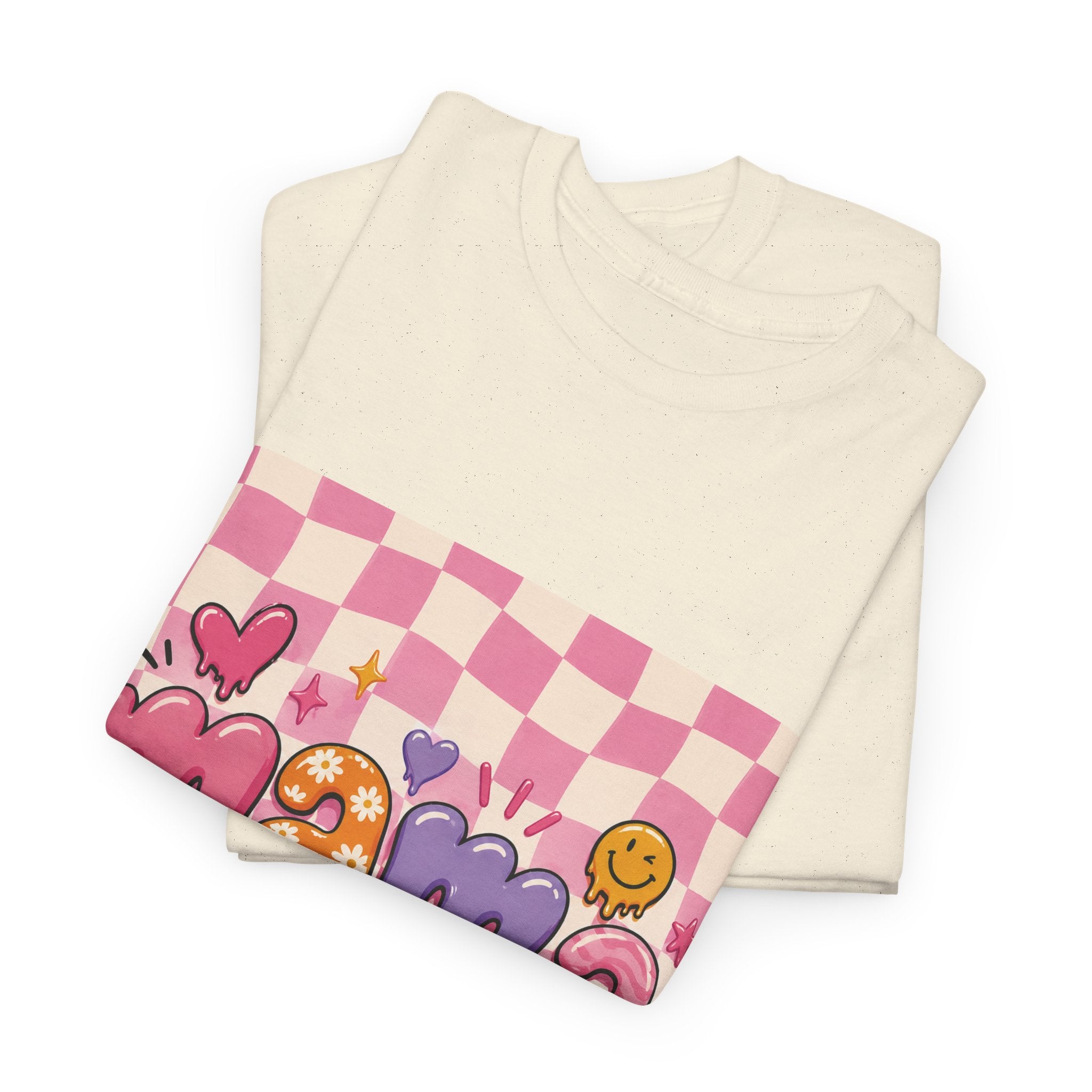 Mama Checkerboard Graphic Tee — Cute Pink Heart & Flower Mother's Day Shirt