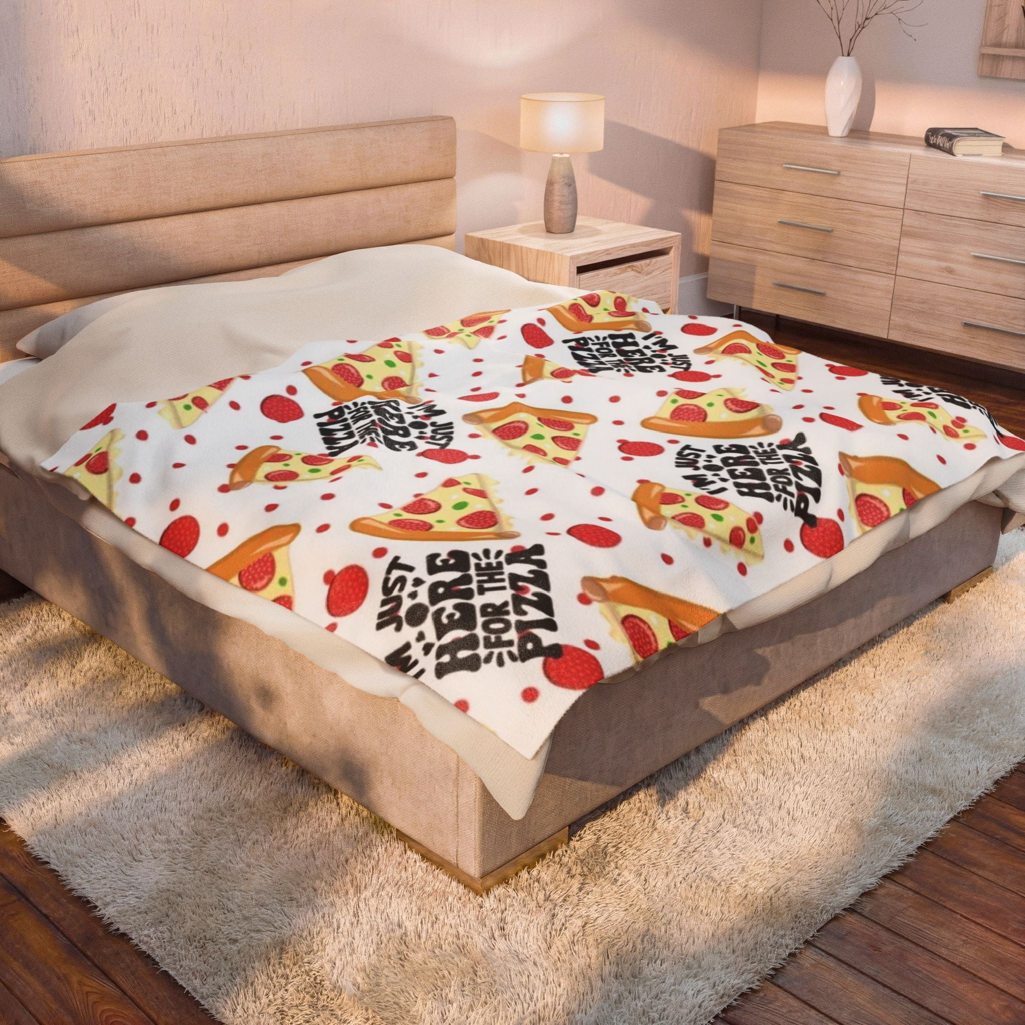 Pizza Pattern Velveteen Plush Blanket — “I’m Just Here for the Pizza” Cozy Throw