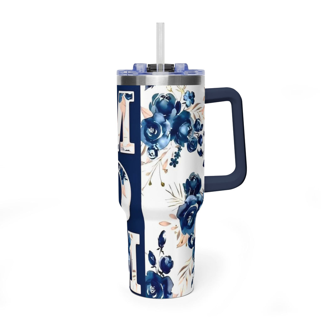 Mom Floral 40oz Vacuum Tumbler – Insulated Travel Mug for Mom, Blue Rose Mother's Day Gift