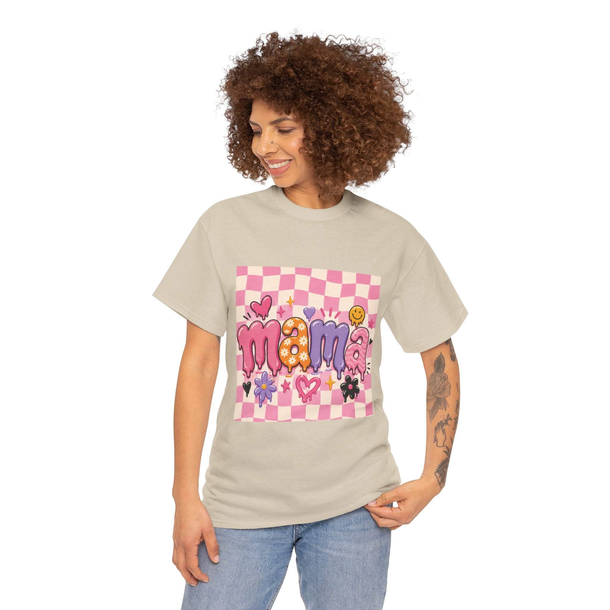 Mama Checkerboard Graphic Tee — Cute Pink Heart & Flower Mother's Day Shirt