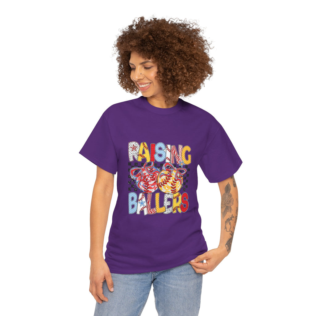 T-Shirt — "Raising Ballers" Kids Sports Tee with Retro Checkered Basketball Design