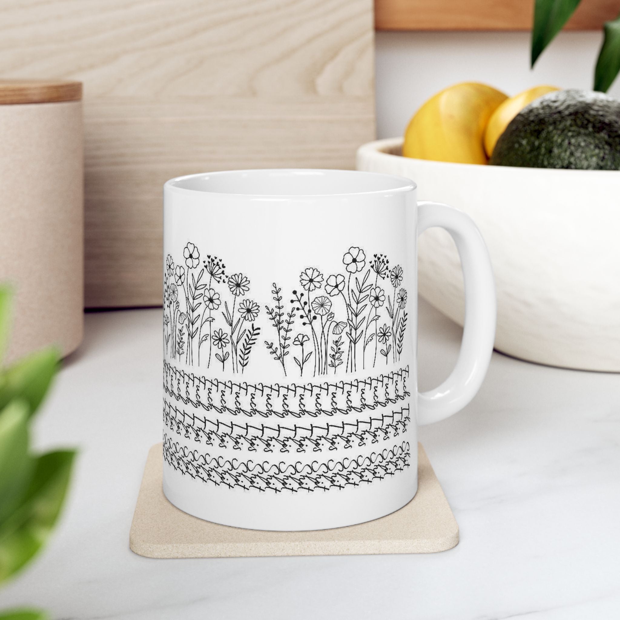 Floral Knit Pattern Ceramic Mug — Black Doodle Wildflower Design (11oz & 15oz)