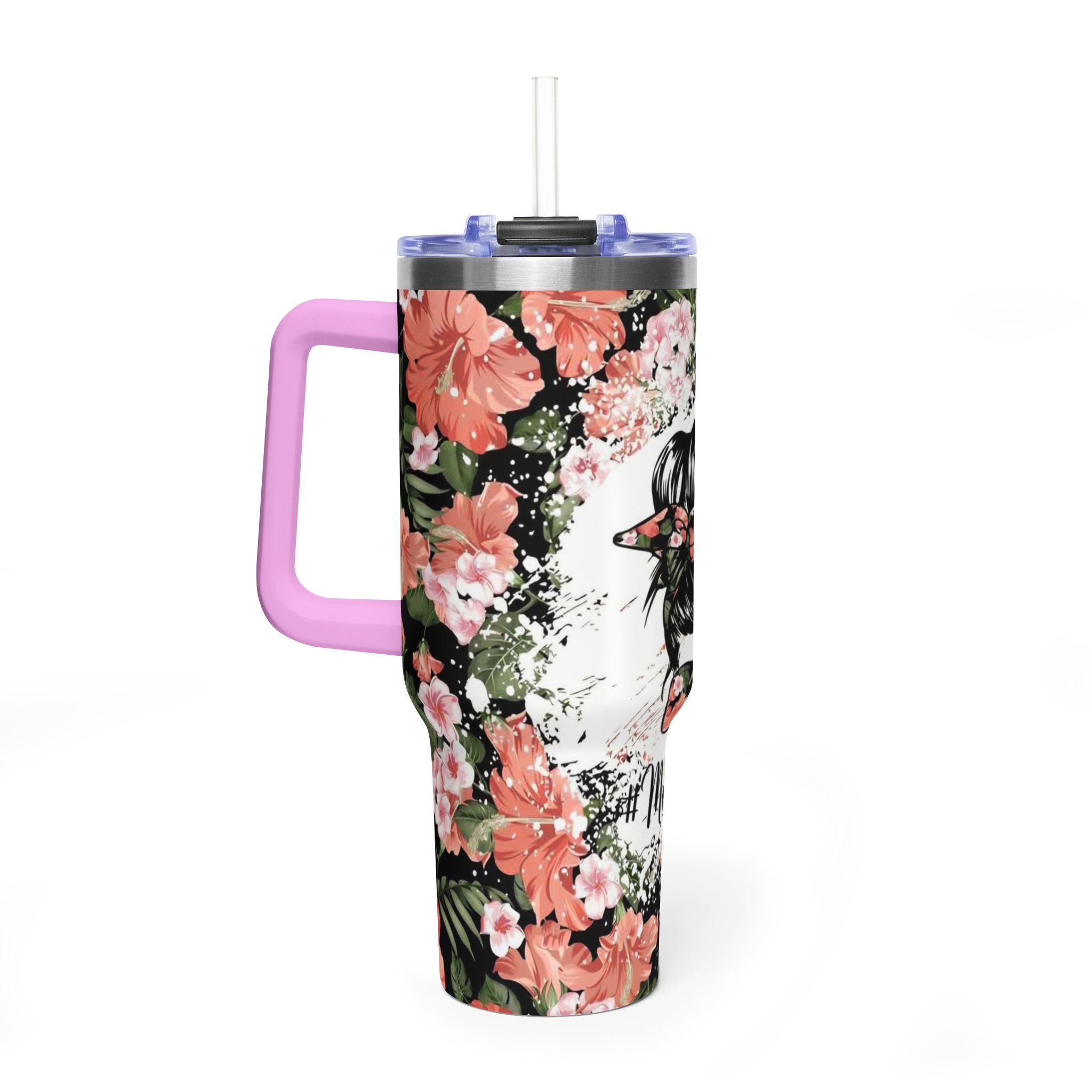 40oz Floral "Momlife" Vacuum Tumbler – Insulated Travel Mug with Straw