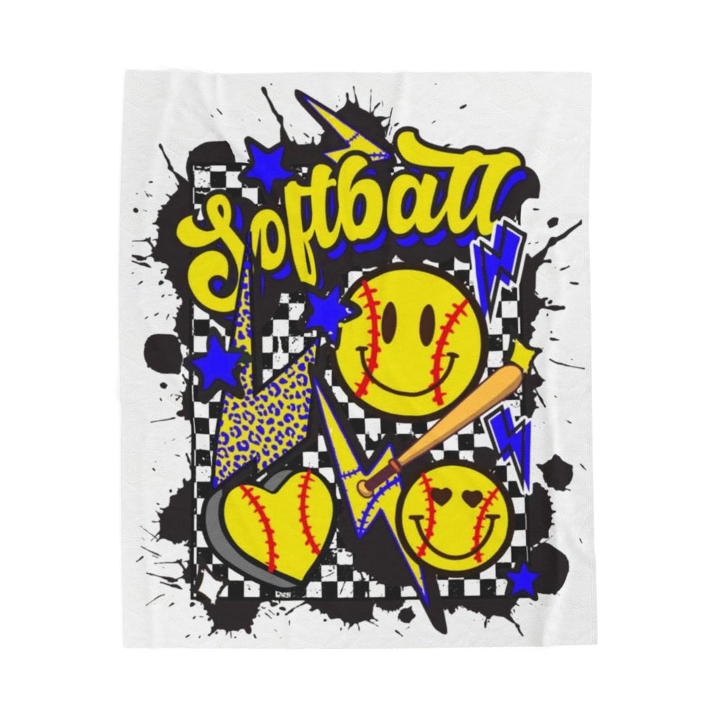 Softball Velveteen Plush Blanket – Smiley Ball Retro Graphic