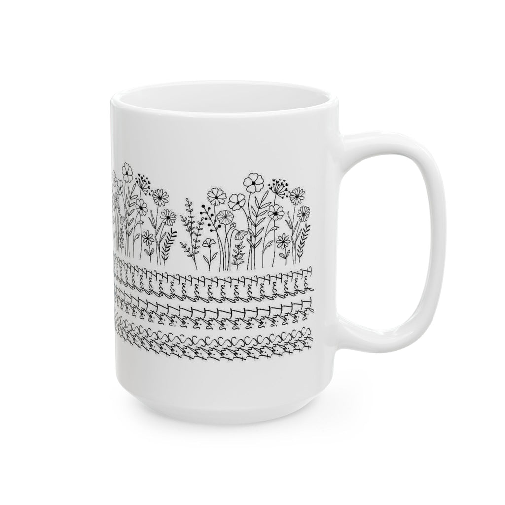 Floral Knit Pattern Ceramic Mug — Black Doodle Wildflower Design (11oz & 15oz)