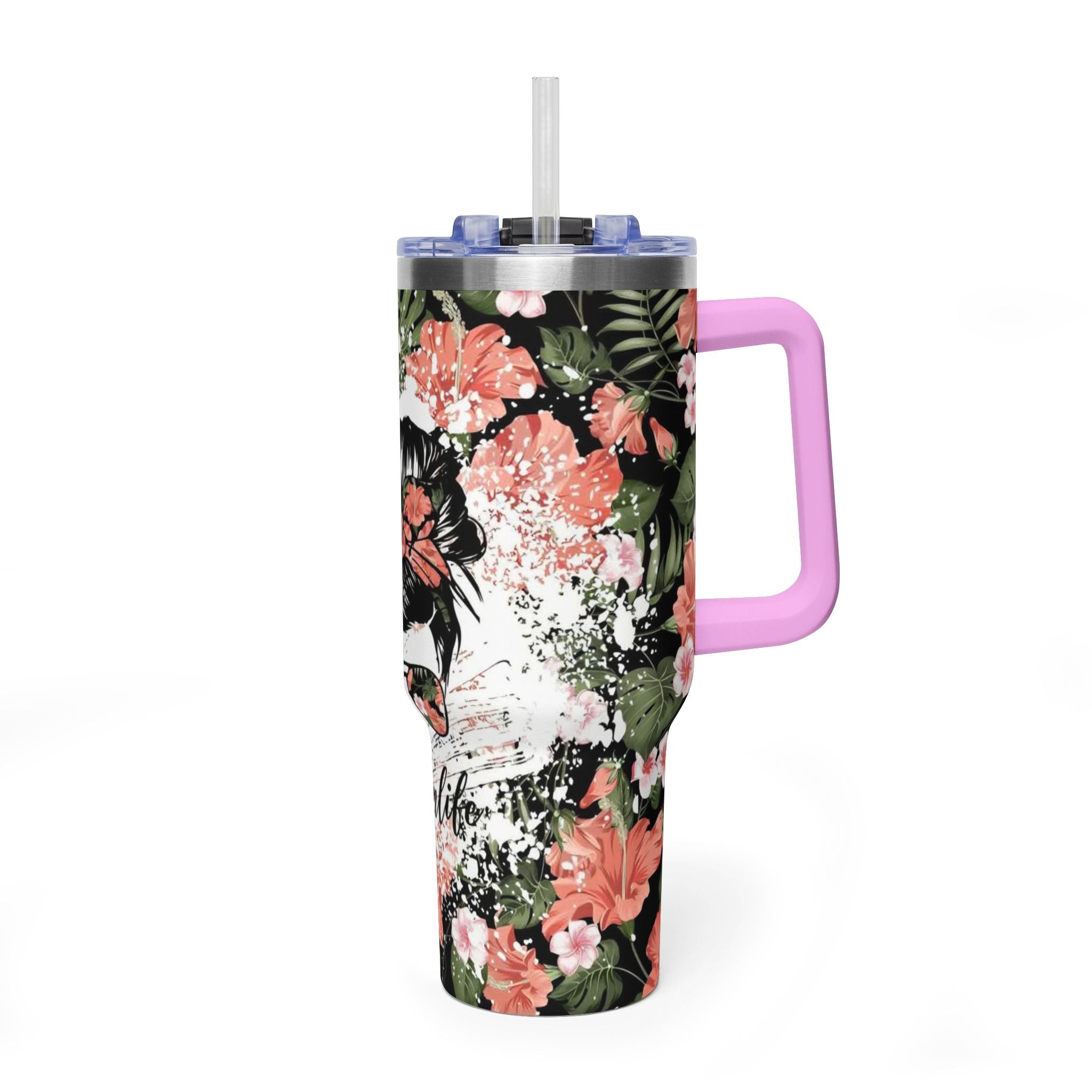 40oz Floral "Momlife" Vacuum Tumbler – Insulated Travel Mug with Straw