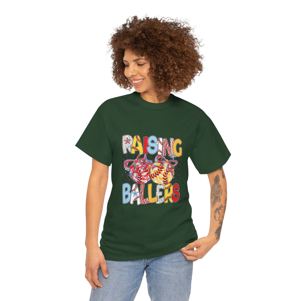 T-Shirt — "Raising Ballers" Kids Sports Tee with Retro Checkered Basketball Design