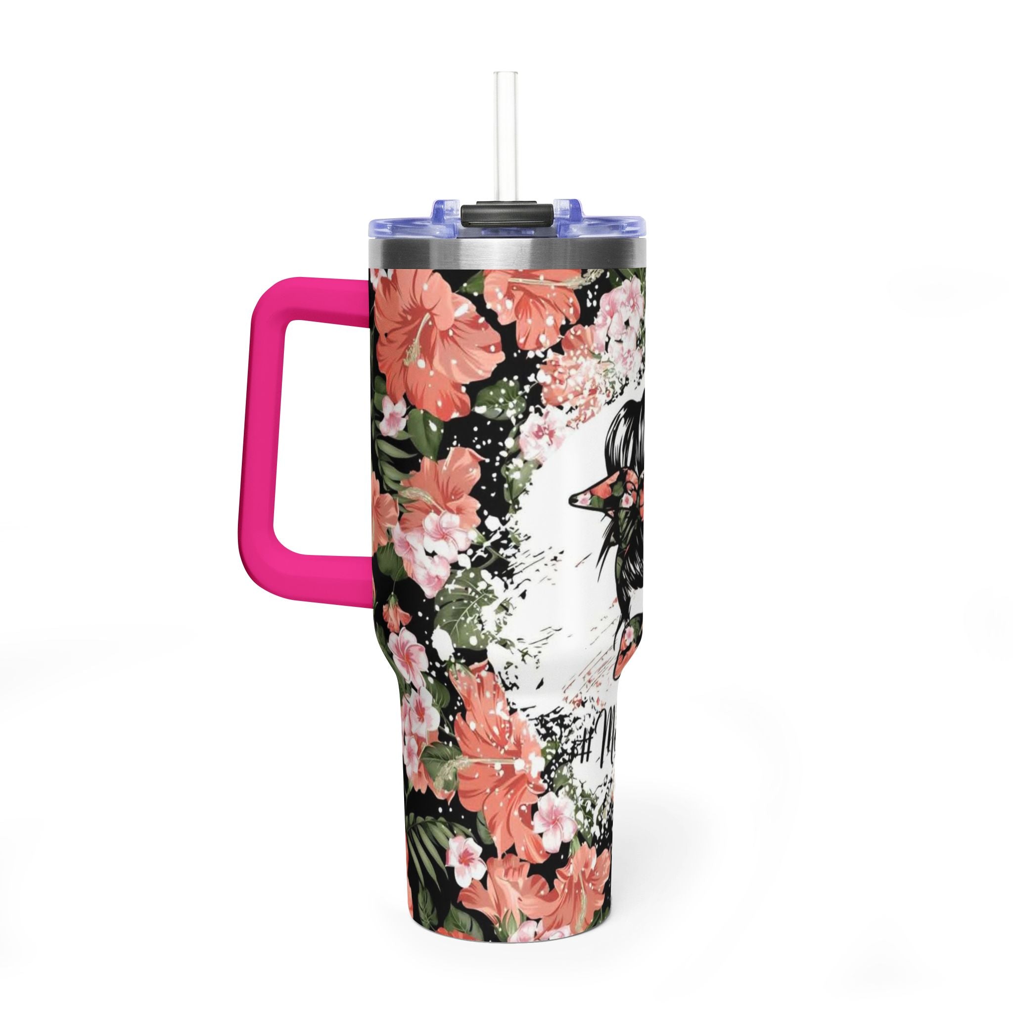 40oz Floral "Momlife" Vacuum Tumbler – Insulated Travel Mug with Straw