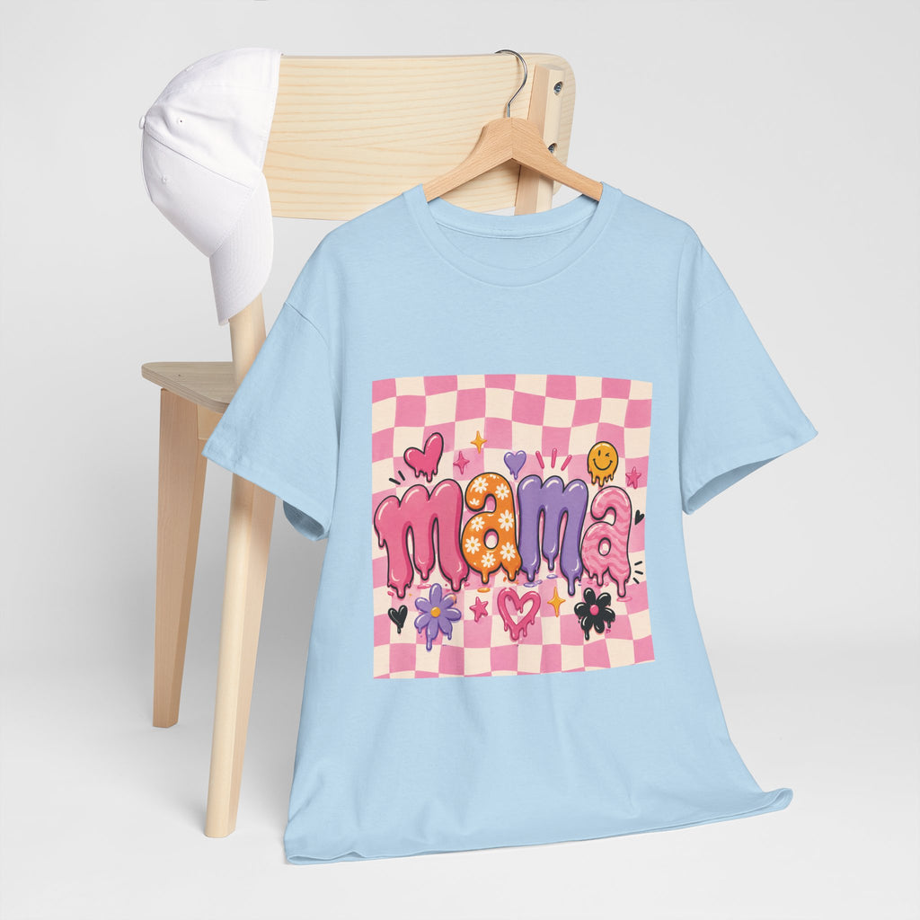 Mama Checkerboard Graphic Tee — Cute Pink Heart & Flower Mother's Day Shirt