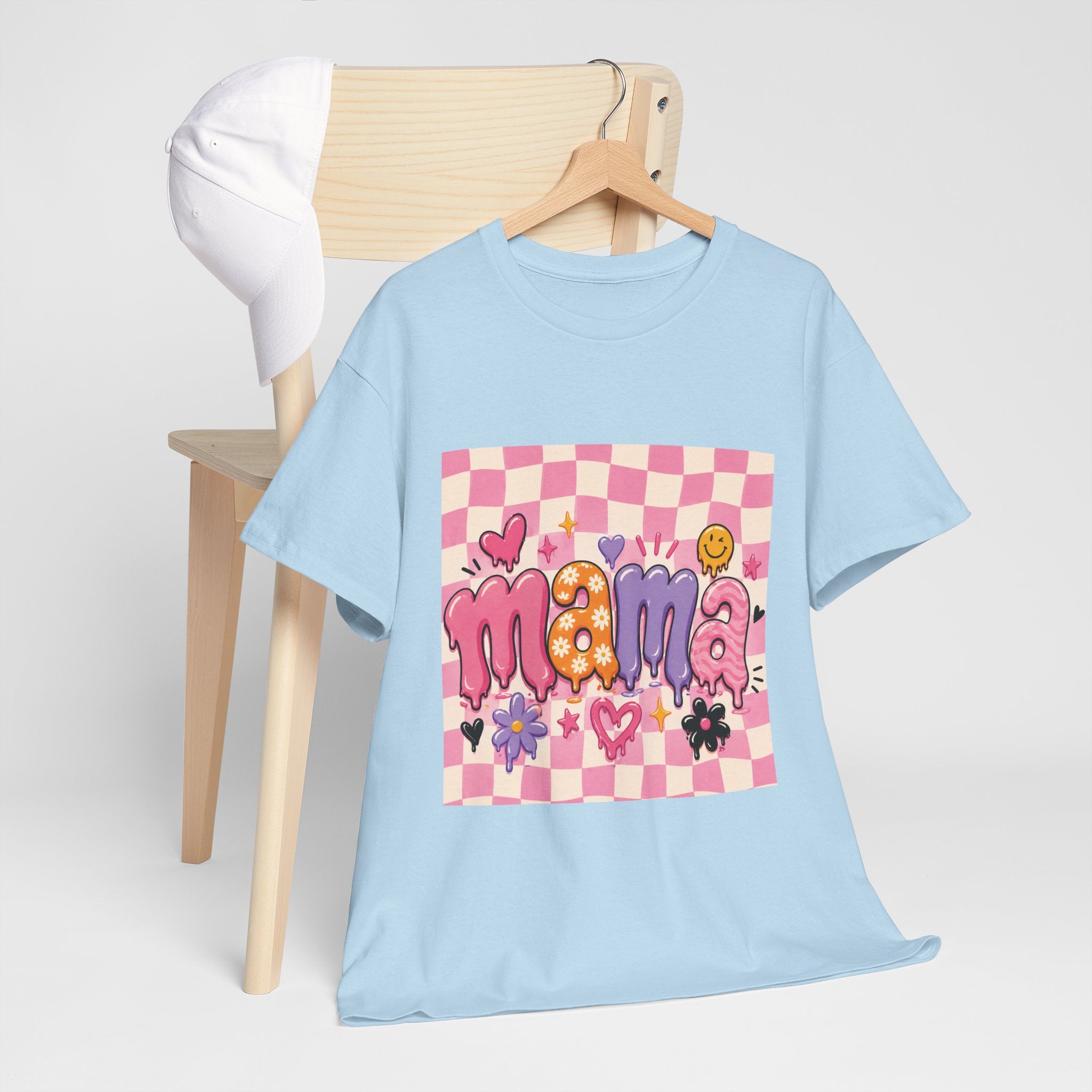 Mama Checkerboard Graphic Tee — Cute Pink Heart & Flower Mother's Day Shirt