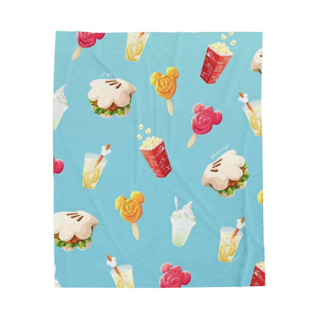 Velveteen Plush Blanket — Retro Snack Pattern Cozy Throw (Popcorn, Drinks & Mickey Treats)