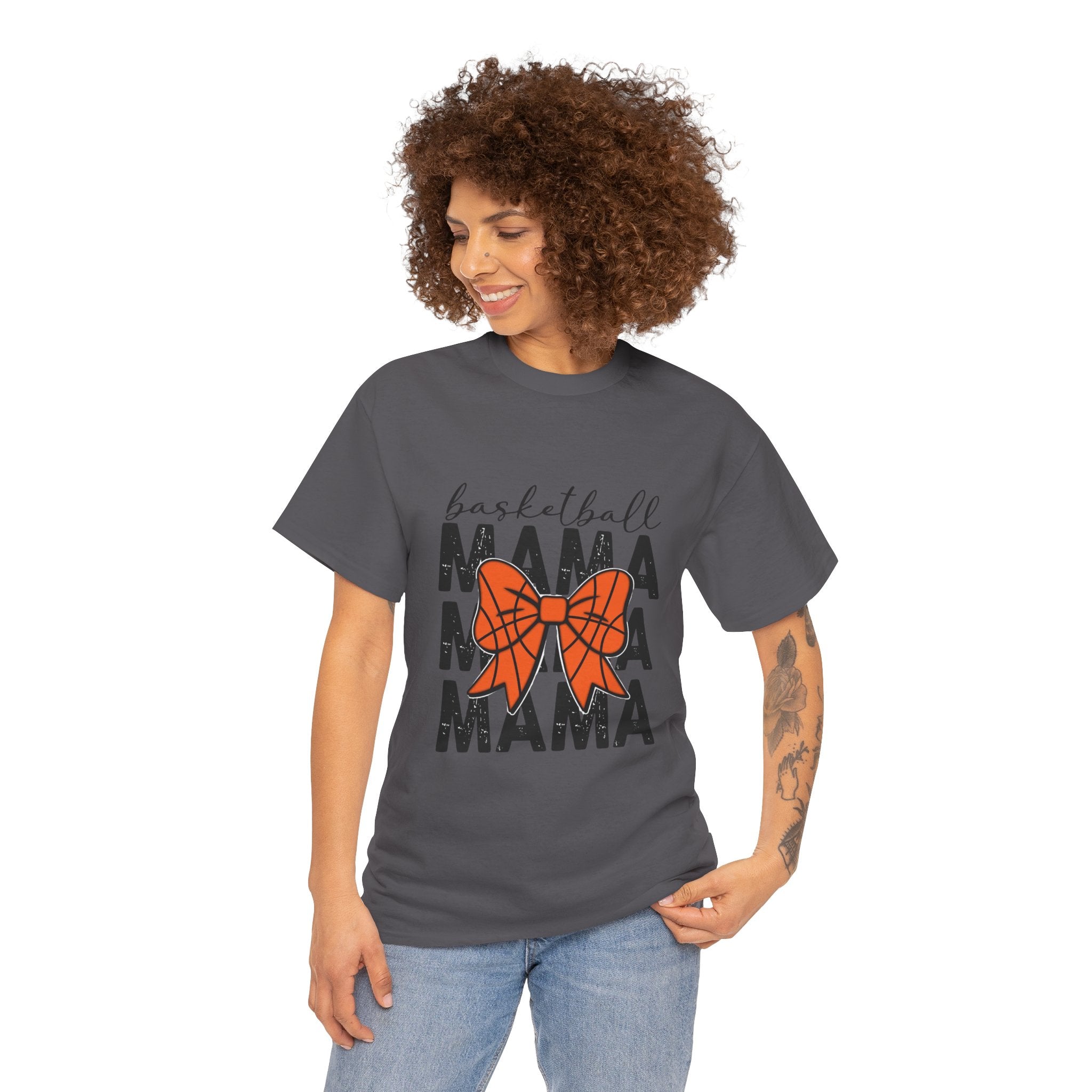Basketball Mama T-Shirt — 'Basketball' Script with Orange Bow Design