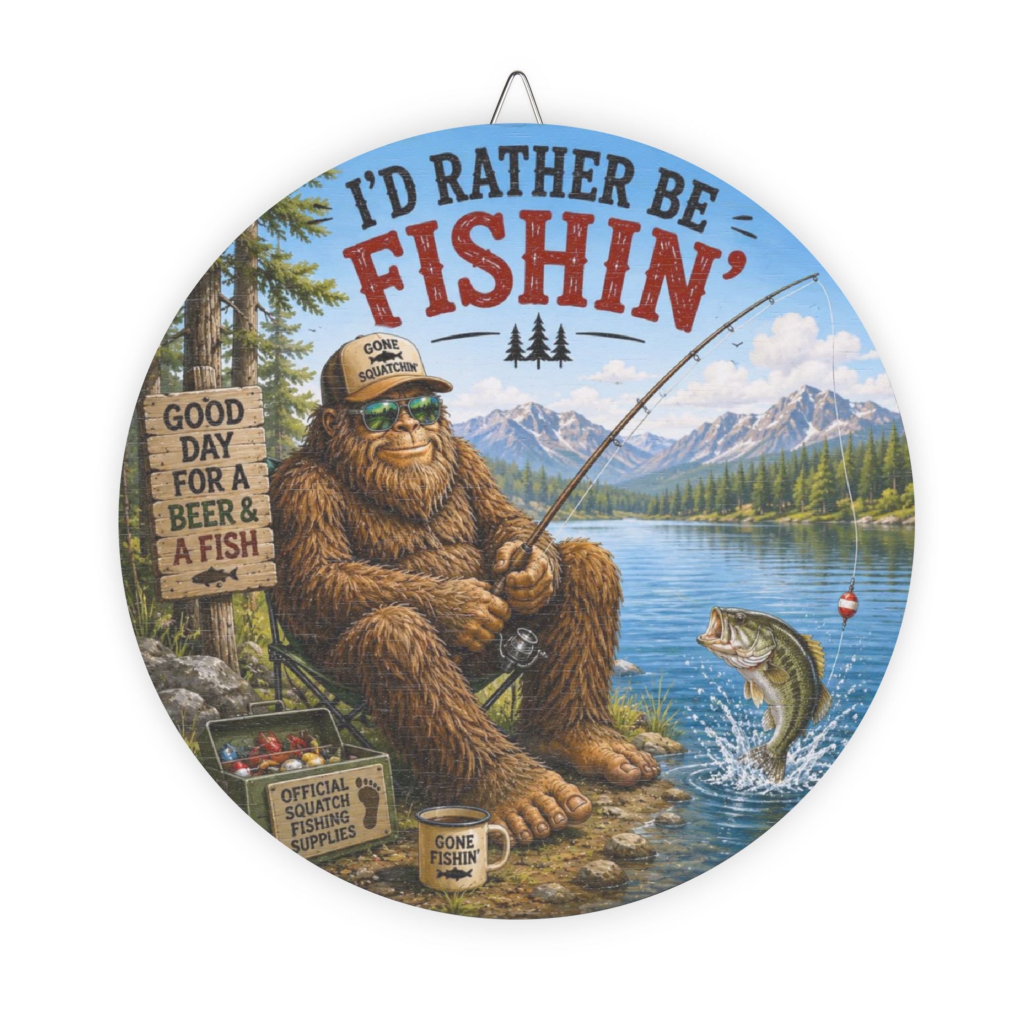 Round Wood Sign – “I’d Rather Be Fishin’” Rustic Fishing Lodge Decor