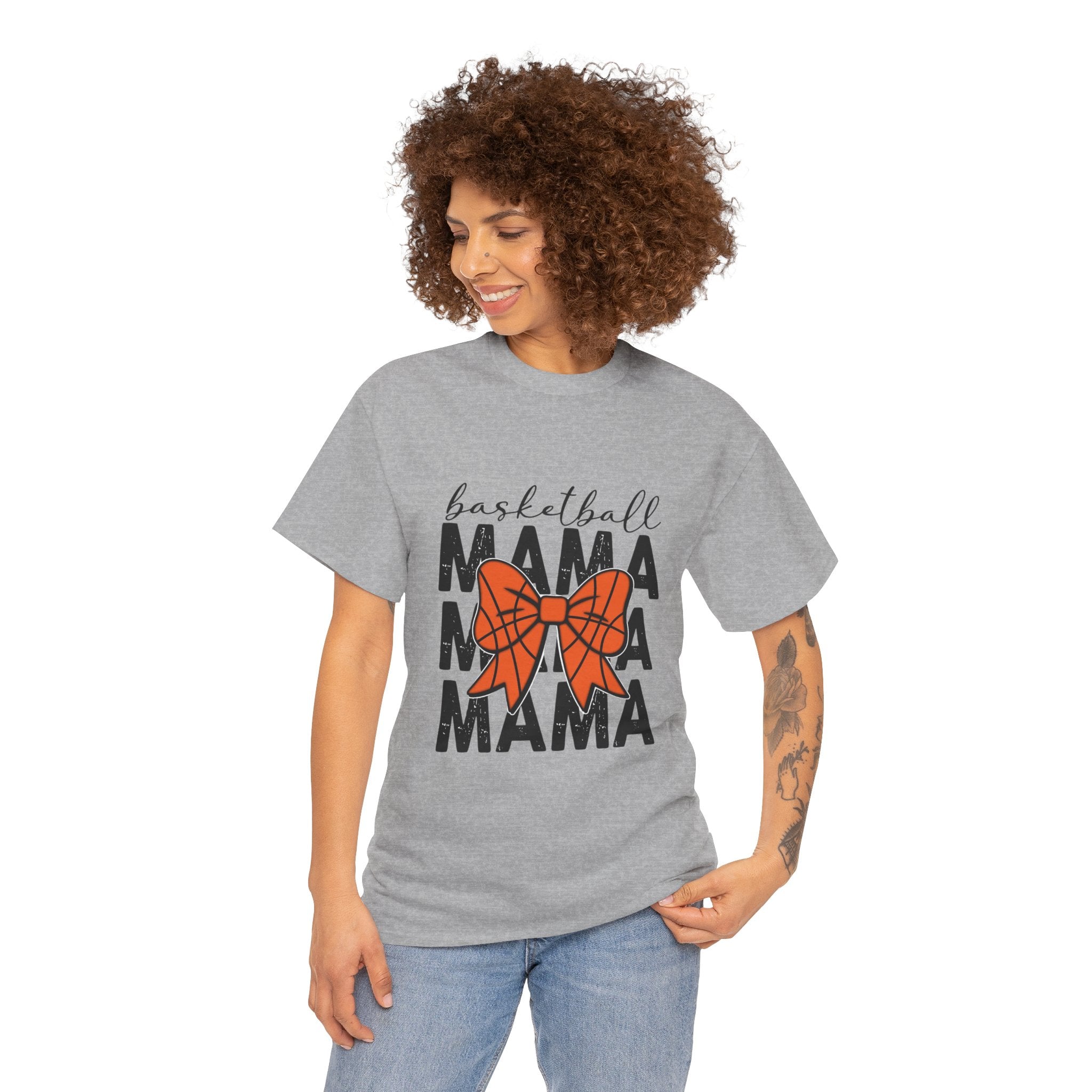 Basketball Mama T-Shirt — 'Basketball' Script with Orange Bow Design