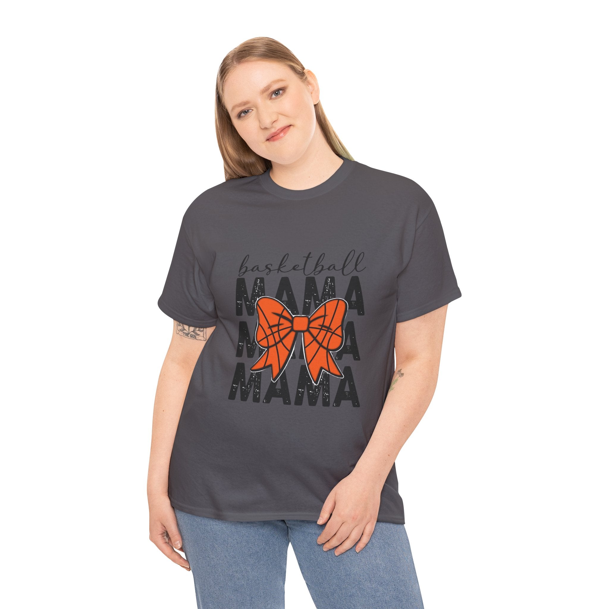 Basketball Mama T-Shirt — 'Basketball' Script with Orange Bow Design