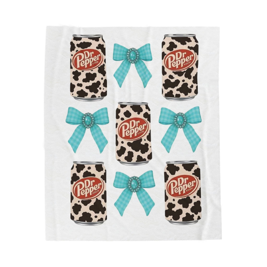 Dr Pepper Cow Print & Turquoise Bow Velveteen Plush Blanket