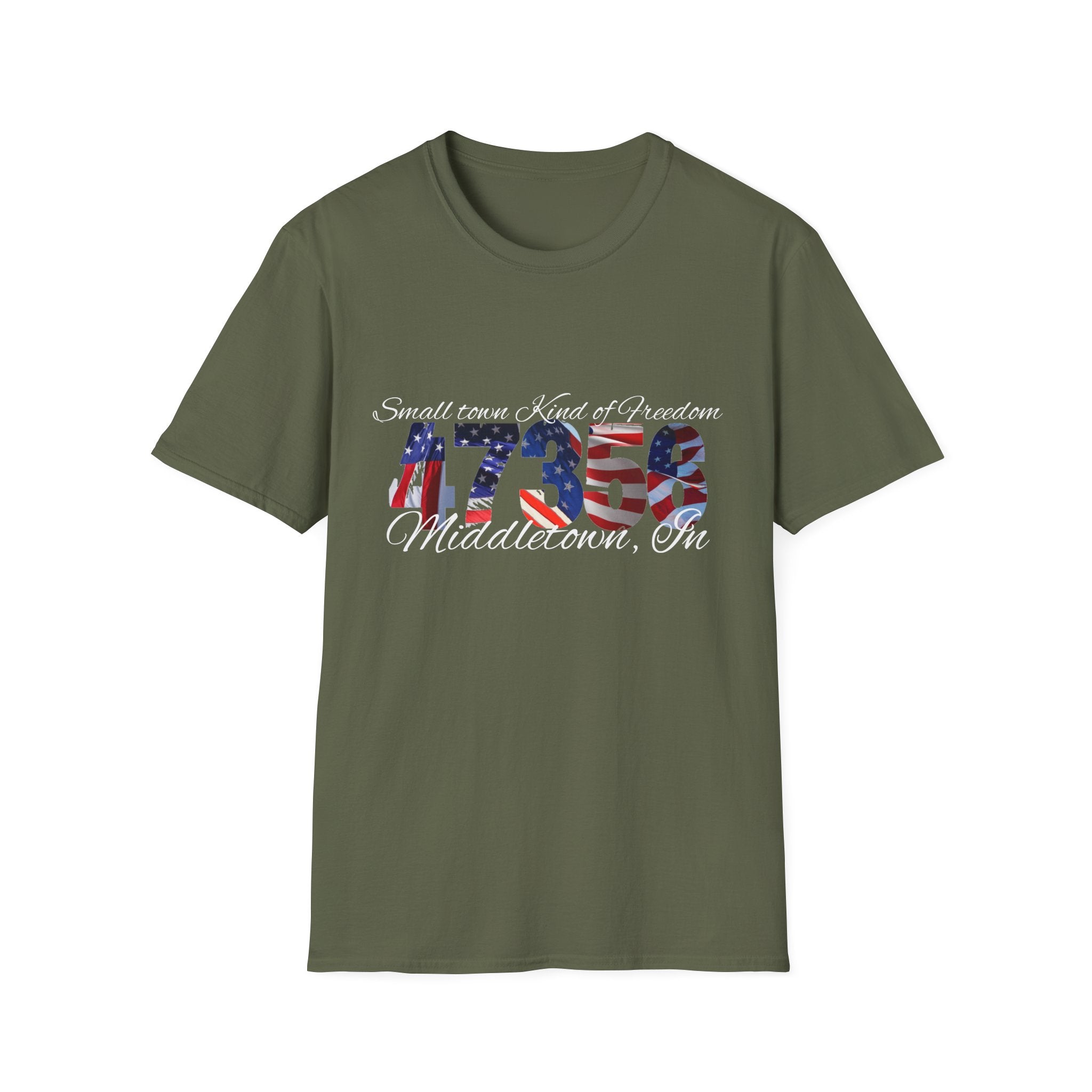 4th of July USA Flag T-Shirt — "Small town. Kind of freedom. Middletown, IN" Patriotic Tee