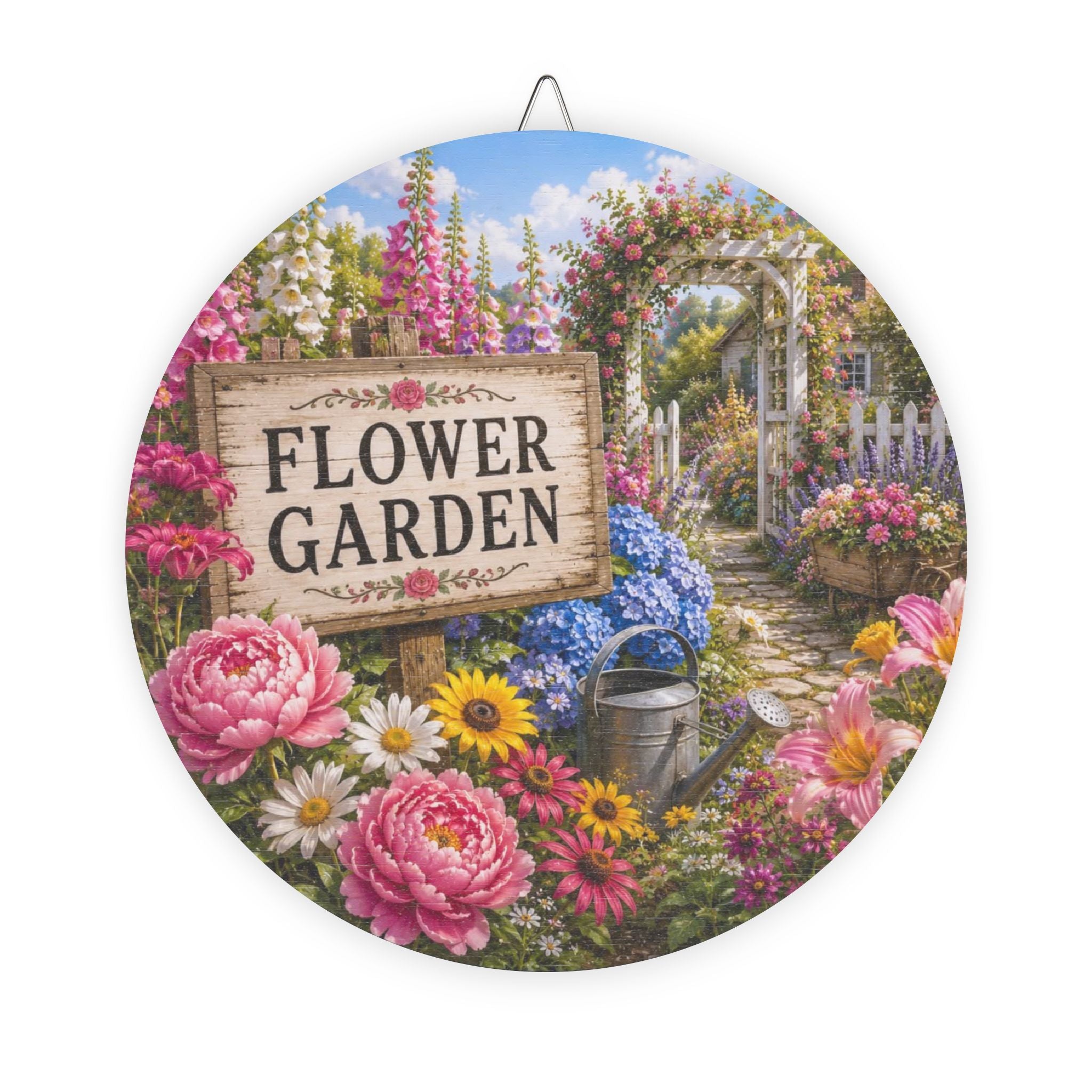Flower Garden Wood Sign – Round Rustic Garden Decor