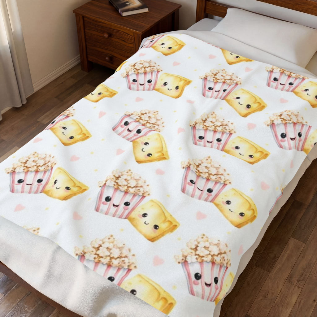 Cute Kawaii Popcorn & Cupcake Velveteen Plush Blanket