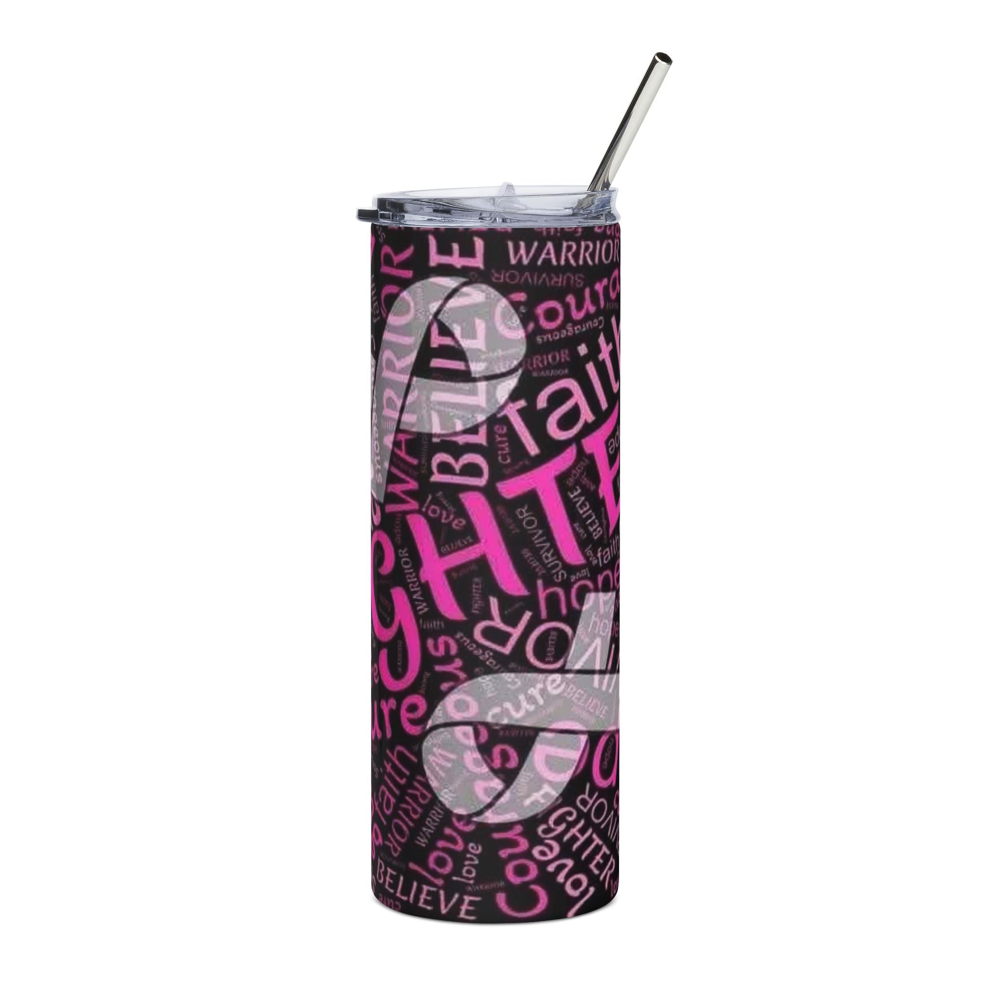 20oz Stainless Steel Tumbler – Breast Cancer Awareness Pink Ribbon Word Cloud